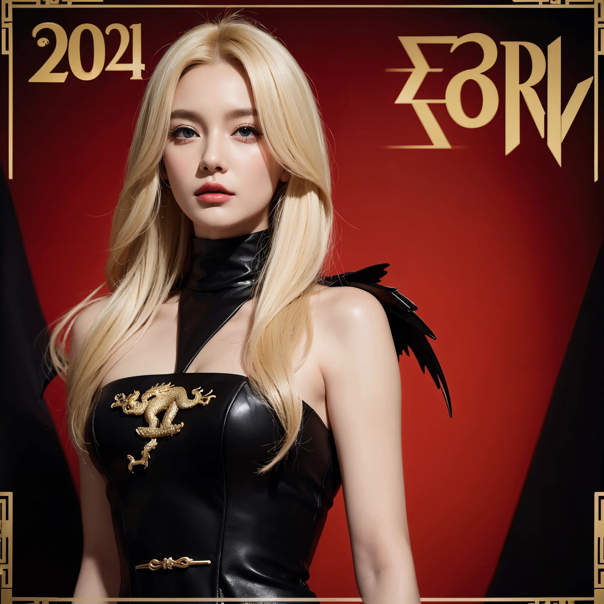 2024 Year of the Dragon poster，European model face，Grim，combed blonde hair，Little black dress fashion poster design