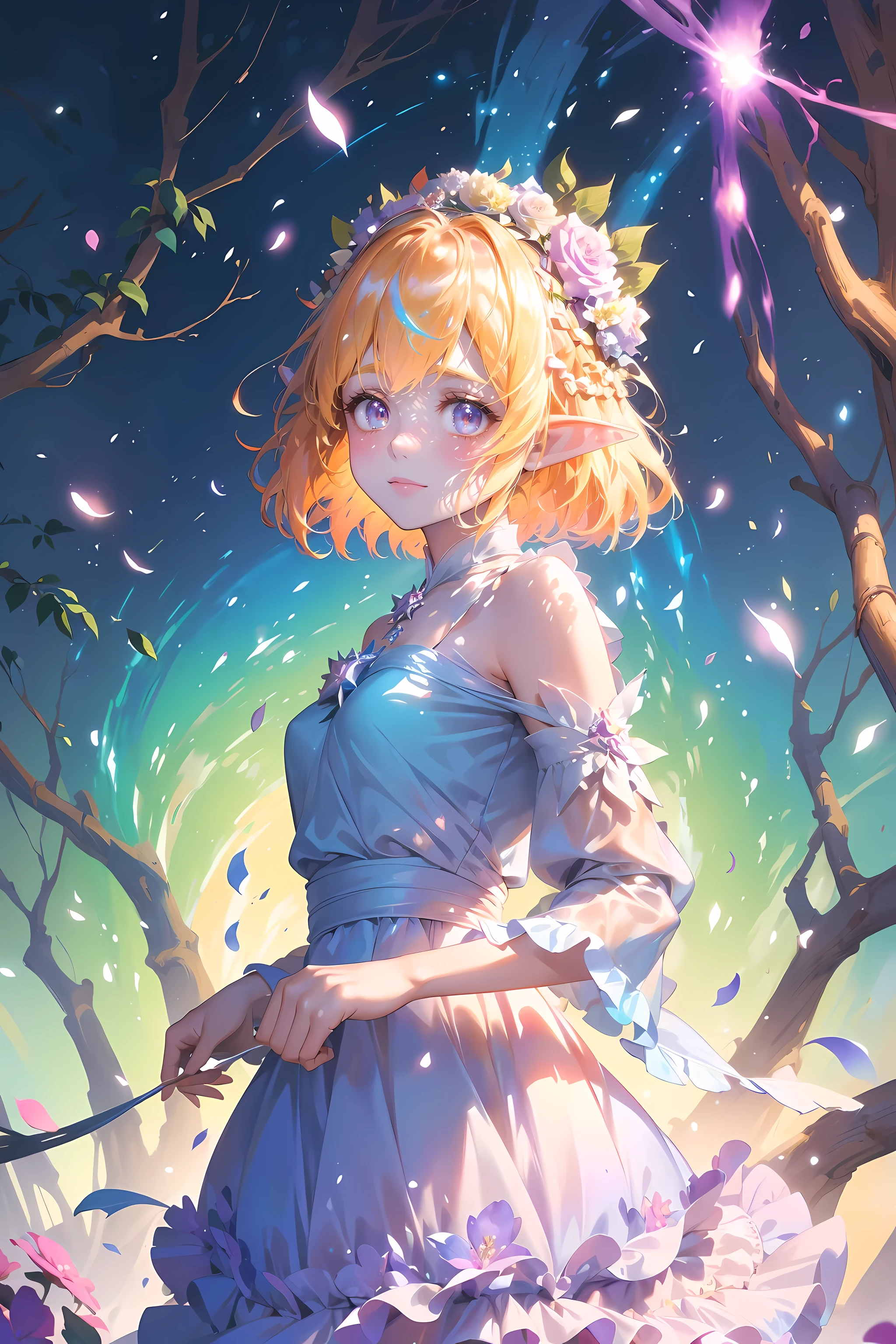 eyeline,(Horny eyes:1.4),(faeries:1.2),(A high resolution,Best quality at best,like a dream,obsessed,at a forest,faeries),(Vibrant colors,ultra - detailed),(美丽Horny eyes,Mottled sunlight,Whimsical creatures,sparkling mysterious mist,Evocative atmosphere otherworldly beauty),(magical light,Faint ethereal light),(in pastel shades,fantasticcolors),(Dancing fireflies,活泼的faeries,Breeze whispered),Delicate and beautiful gauze,(Colorful princess dress:1.4),(Elf Flower Crown:1.2),(美丽Horny eyes, Vibrant colors, oil painted, flowers in the background, A flowing dress, Fantastical Atmosphere, Eyebrows are very clear, gentlesoftlighting, Fantasy elements, Magical environment, 逼真的A high resolution图像, dynamic and energetic),(vibrant with colors:1.5)