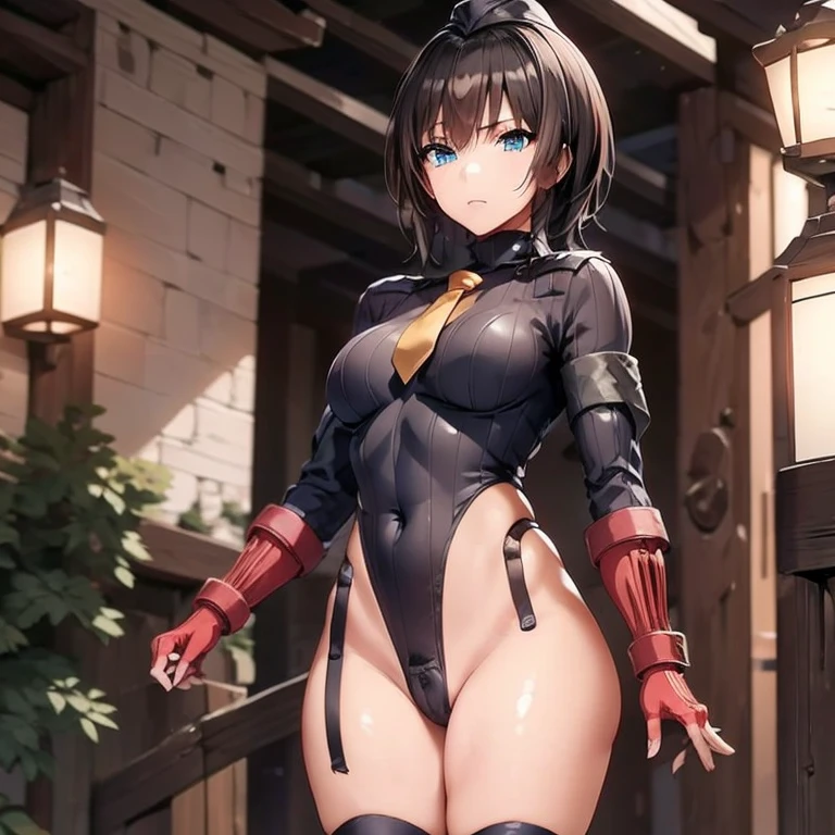 ultra-detailed, Explicit, Beautiful body, Beautiful Nose, Beautiful character design, perfect eyes, perfect face, ultra highres, 4K, beautiful legs, perfect legs, Nice hands, Perfect hand, Masterpiece, Best Quality, Highly detailed, illustration, absurdres, street fighter, doll suit, shadaloo doll, dollsuit, expressionless, blank eyes, looking at viewer, red gloves, emotionless, black latex, corrution, mind control, female combatant, full body, hypnotized, unhappy trance, full body suit, ribbed bodysuit, both arms at side, obey, perfect female body, extremely glossy latex, hypnosis, hypnoLora, empty eyes, Mind control device, poses, submissive_pose, Slave, hat, necktie, stand up straight, standing, standing at attention, hat, necktie, belt, latex, ribbed bodysuit, thighhighs, garter belt, Fighting Stance, extending the right arm from the shoulder into the air with a straightened hand, nazi saluting, military, military saluting, salute, thigh boots, solo, 1girl, heaven burns red, aoi erika, brown hair, blue eyes, short hair