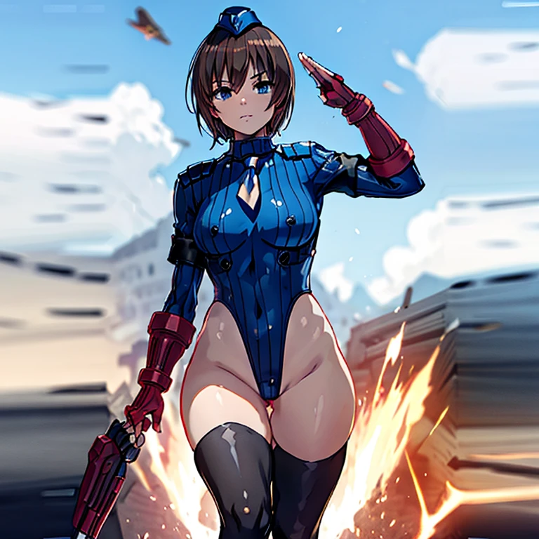 ultra-detailed, Explicit, Beautiful body, Beautiful Nose, Beautiful character design, perfect eyes, perfect face, ultra highres, 4K, beautiful legs, perfect legs, Nice hands, Perfect hand, Masterpiece, Best Quality, Highly detailed, illustration, absurdres, street fighter, doll suit, shadaloo doll, dollsuit, expressionless, blank eyes, looking at viewer, red gloves, emotionless, black latex, corrution, mind control, female combatant, full body, hypnotized, unhappy trance, full body suit, ribbed bodysuit, both arms at side, obey, perfect female body, extremely glossy latex, hypnosis, hypnoLora, empty eyes, Mind control device, poses, submissive_pose, Slave, hat, necktie, stand up straight, standing, standing at attention, hat, necktie, belt, latex, ribbed bodysuit, thighhighs, garter belt, Fighting Stance, extending the right arm from the shoulder into the air with a straightened hand, nazi saluting, military, military saluting, salute, thigh boots, solo, 1girl, heaven burns red, aoi erika, brown hair, blue eyes, short hair