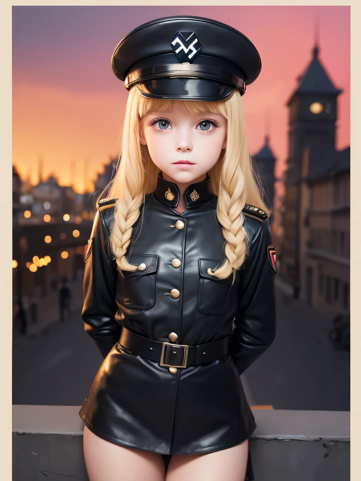 a cute  girl, wearing a nazi leather uniform, military hat, in the style of the soft aurorapunk color palette, an anime illustration of her face, animated gifs, blonde hair, hand-drawn animation, charming sketches, soft and bright, hazy romanticism, superplane style, city in flame as background 1:1--niji 5--expressive style