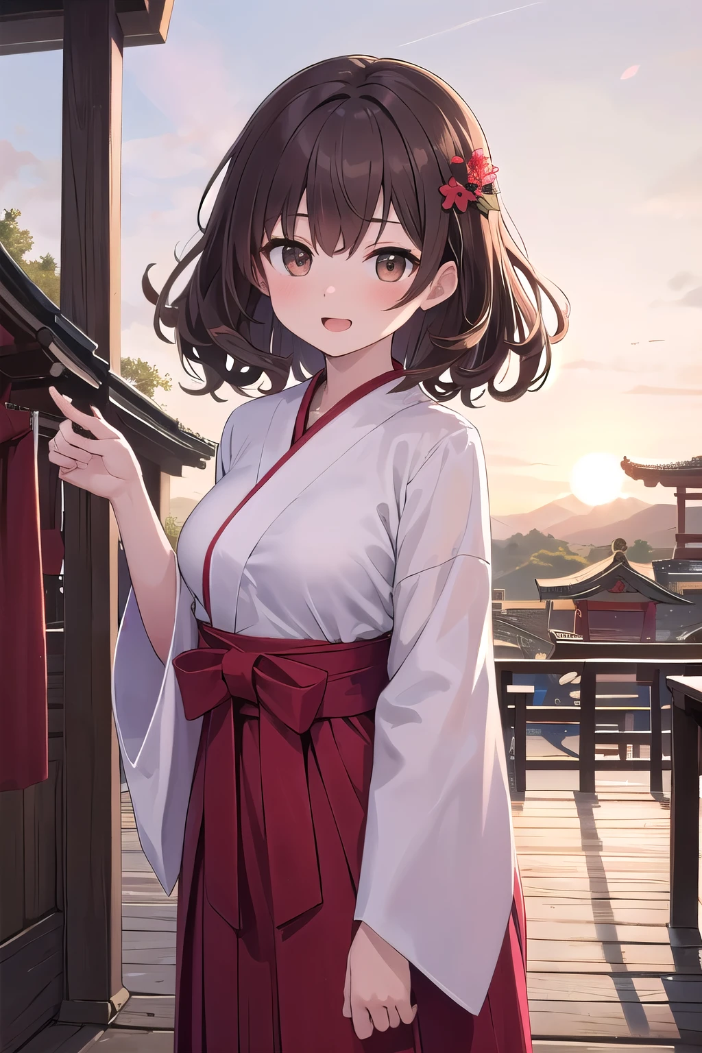 solo girl, 20 years old, landscape,medium hair, brown hair, curly hair,flower hair Accessories, brown eyes,medium breast, happy, red hakama,shrine,rising sun,Best Quality, High resolution, Extremely detailed, Detailed background, Perfect Lighting