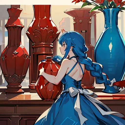 A heavily armored oversized braided girl in vase cake armor serving an oversized vase.、Amazing dynamism、Amazing Angle、Unstable buoyancy sandstorm、((((Many friendly red vases are closely floating and chasing each other.))))、((surround each other'large blue vase))、