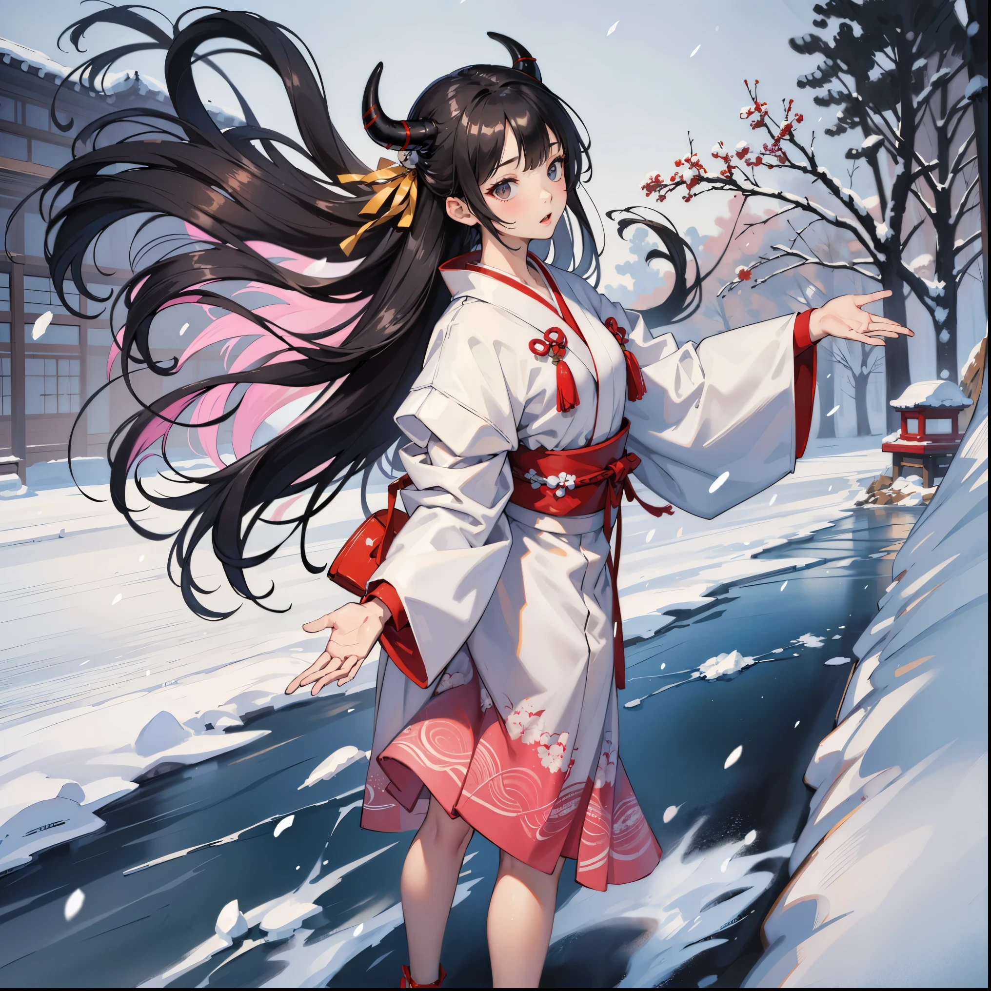 (masterpiece, best quality:1.2), (1girl, solo), 18years old, full body, white kimono, black long hair, demon horns, disappointed expression, spread both arms, (snowfield, falling snow), standing in the cold river, (from side, look back), Oriental old style temple back ground