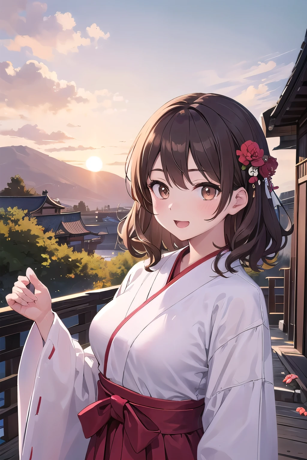 solo girl, 20 years old, landscape,medium hair, brown hair, curly hair,flower hair Accessories, brown eyes,medium breast, happy, red hakama,shrine,rising sun,Best Quality, High resolution, Extremely detailed, Detailed background, Perfect Lighting