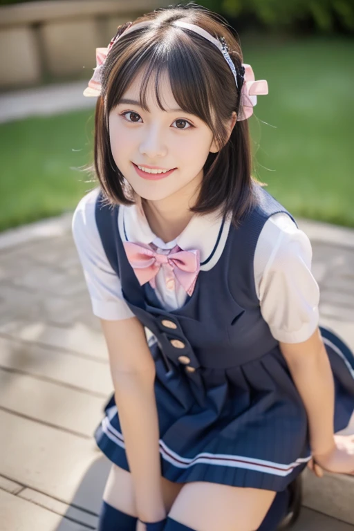 (((masterpiece))), (((Full body photo,sit with your knees up))), ,((pantyshot)),(One beautiful Japan girl, Innocence,kawaii) ,超A high resolution, Realistic, ultra-detailliert, 8K,top-quality, Extremely detailed, blurry backround,A slender,very beautiful japanese girl, Detailed face:1.3), (Short hair like a boy,A dark-haired :1.4), (a ,kawaii系,adorable 14 year oPerfect body:1.1), (Dark blue vest,pink bowtie,Dark blue mini skirt、Dark blue high socks、lowfers), On the sidewalk,Cute and cuddly smile,Show your beautiful teeth in an attractive pose,rosy cheeks,Super Detailed Face、Detailed lips、A detailed eye、small gravure idol,Transparent skin、Lolita,Photorealistic:1.37,no-makeup,Neutral Lighting