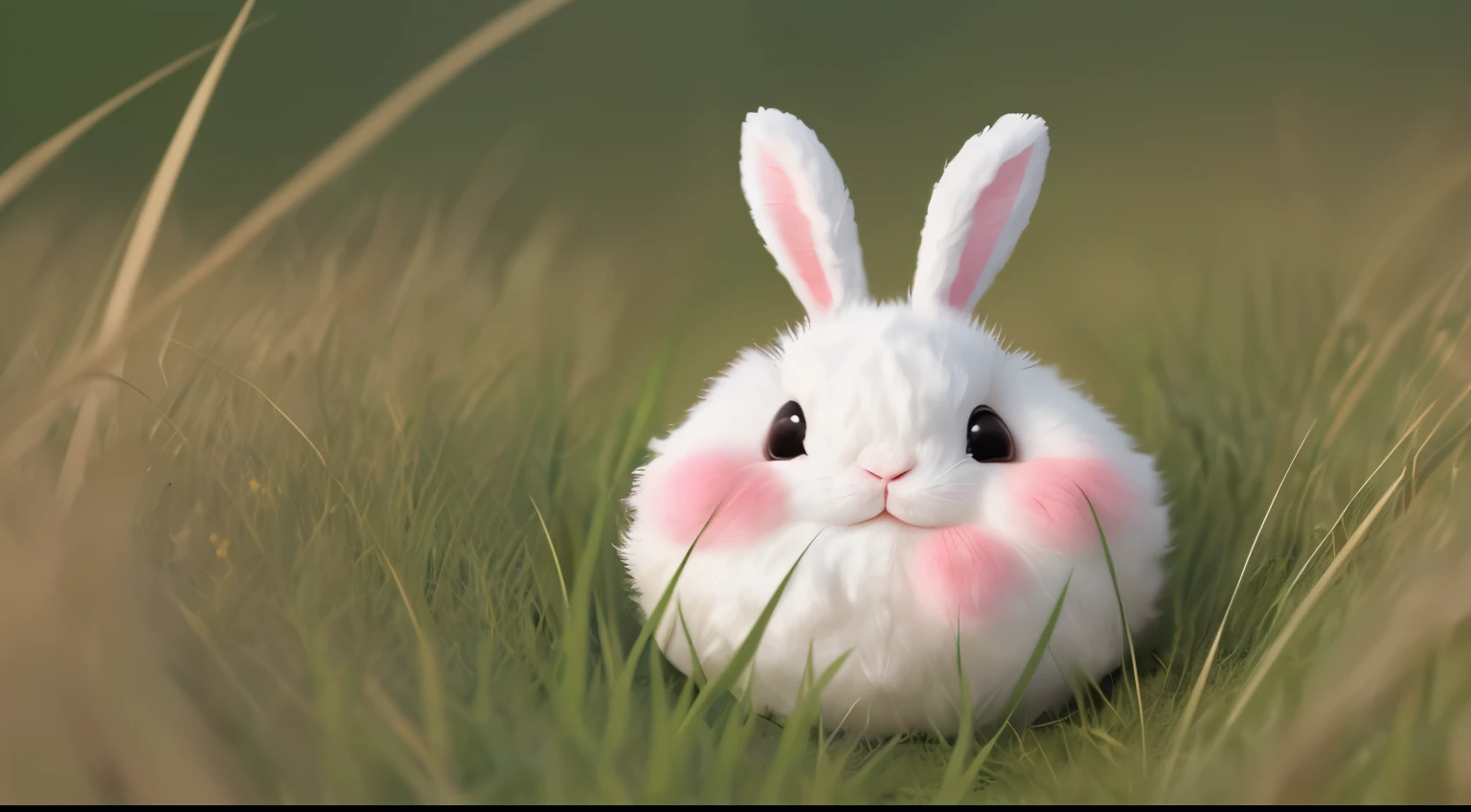 A cute, colorful, beautiful, various colored, puffy rabbit, looking like a colorful hairy ball, hiding in the long grass.