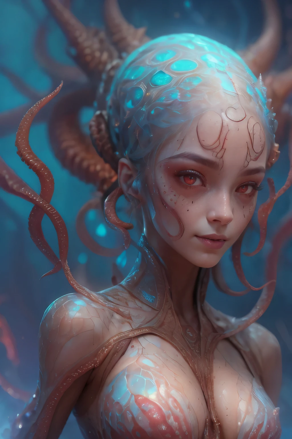 Portrait, (beautiful female alien:1.2), (she has red eyes with no pupils:1.8), (Translucent skin:1.7), (There is a female genital-like organ in the middle of the forehead:1.9), (The most beautiful face in the history of the universe:1.2),an evil gaze that seduces, (large mouth:1.1), (sharp teeth like a vampire:1.2), Full body like, (bio luminescent:1.5), (Smile wickedly:1.3), (sexypose:1.5), alien, No humans, cells are fused, (Lots of translucent tentacles:1.3) extraterrestrial, cell, bio image, Best Quality, 8K,4K_quality, High Definition, Dramatic Lighting, masutepiece:1.5,cinematic quality, detail up, (Intricate details:1.2), High resolution, High Definition, drawing faithfully, (Thick eyebrows:1.2), Beautiful eyes with fine symmetry,(Highly detailed face and eyes:1.2), Intimate face, (Super detailed skin quality feeling:1.4), Perfect Anatomy, (Beautiful toned body:1.5), (Moist skin:1.2), No makeup, (dark circles:1.1), long canines, cinematic drawing of characters, ultra high quality model, cinematic quality, detail up, (Intricate details:1.2), High resolution, High Definition, drawing faithfully, Official art, Unity 8K wall , 8K Portrait, Best Quality, Very High resolution, ultra detailed artistic photography, midnight aura, unreal enginee 5, Ultra Sharp Focus, art by alberto seveso, ArtGerm, Roisch, intricate artwork, best quality, masutepiece, ultra High resolution, (photos realistic:1.4), Ultra-realistic realism, dream-like, nautilus, Creation of fantasy, Snail, Dream Snail, biopunk nautilus, Thrilling color schemes, Ultra-realistic realism, seductively smiling, Blue tentacles,