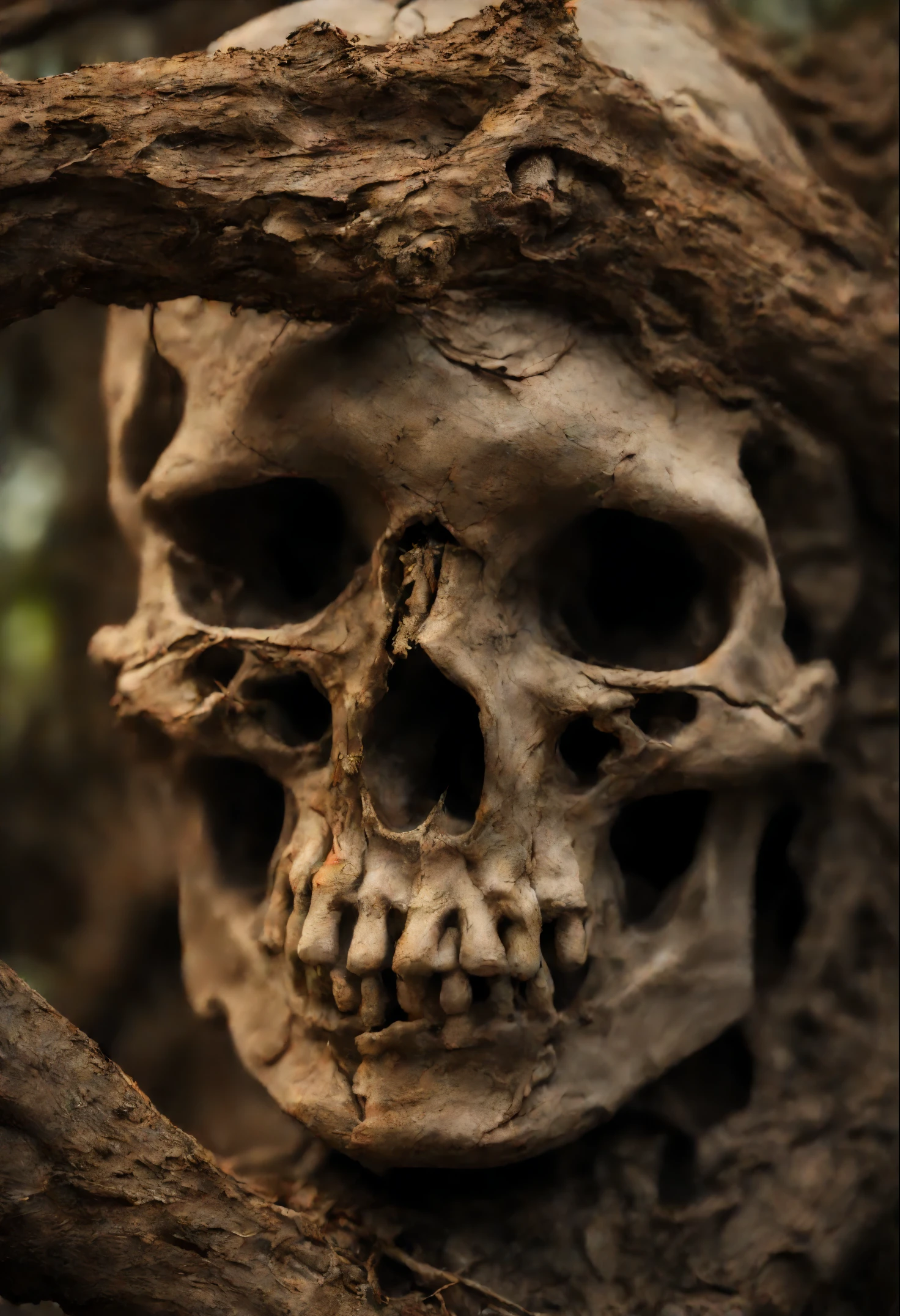Close-up of a skull sculpture with a tree branch on it, exhausted face made of wood, Dug stanat creepy art, decaying face, skull bust, 3 d sculpture 8 k Octane Render, intricate artwork. Octane Render, rotting clay skin, Horror creepy face, Scary portrait, The face is covered with dirt, Creepy sigma 75mm