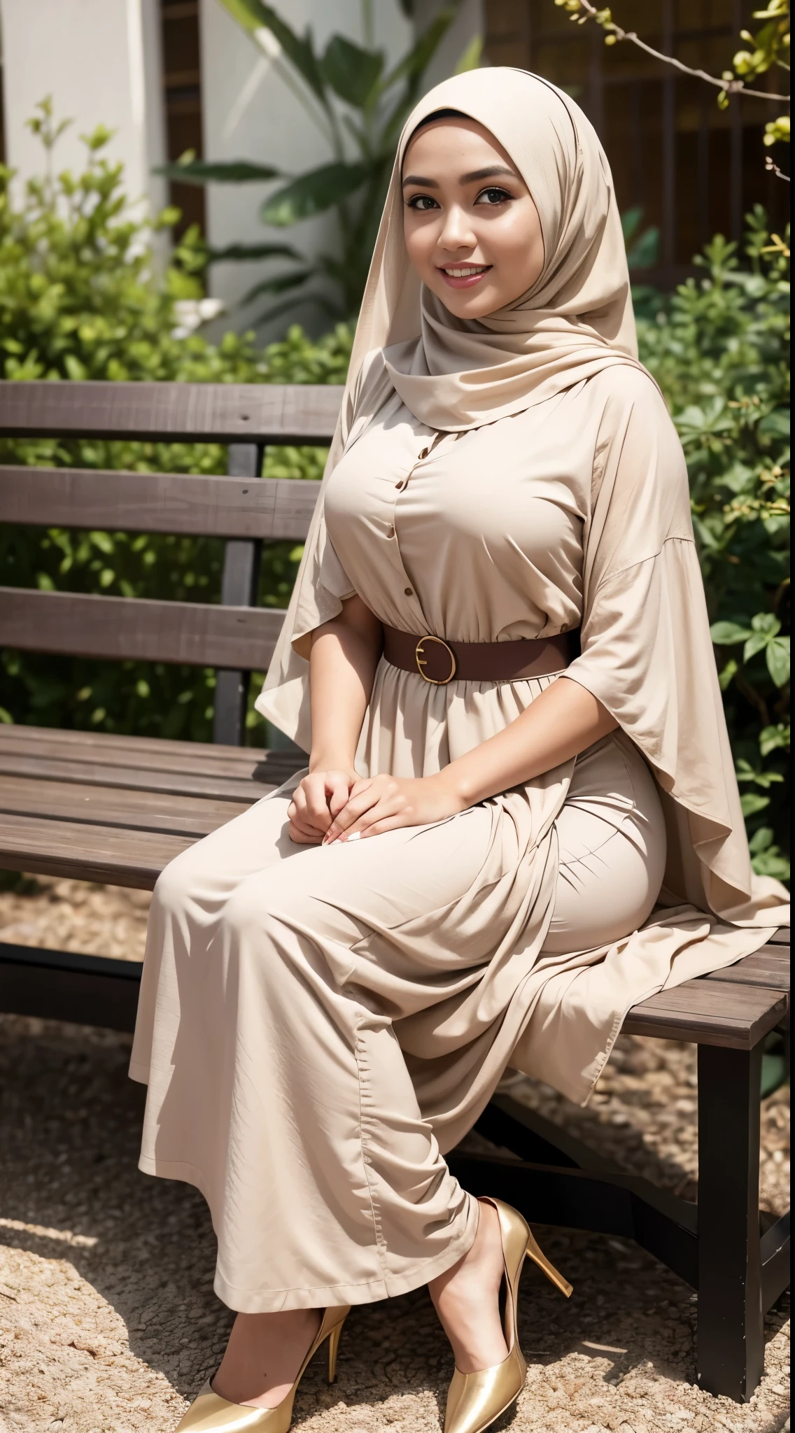 RAW, Best quality, high resolution, work: 1.3, beautiful Malay woman in hijab, beautiful big eyes, smiling, beautiful face, shiny lips, soft smile, medium portrait, watery eyes, big breasts, woman in skirt and beige blouse, long skirt dress, sitting, posing seductively and sexy in front of the camera with babywoman in hijab sitting on a bench with a baby, with ivy, katelynn mini cute style,, malay, hijab,b, with a kid, old picture,  a background behind garden flower (bokeh) ,  flowing dress, sophisticated dress, with teal clothes, multi-layered clothes, fully covered dress, brown dress, graceful dress, wearing an elegant dress, women's long dress, she  wearing a skirt and beige blouse, long skirt ,