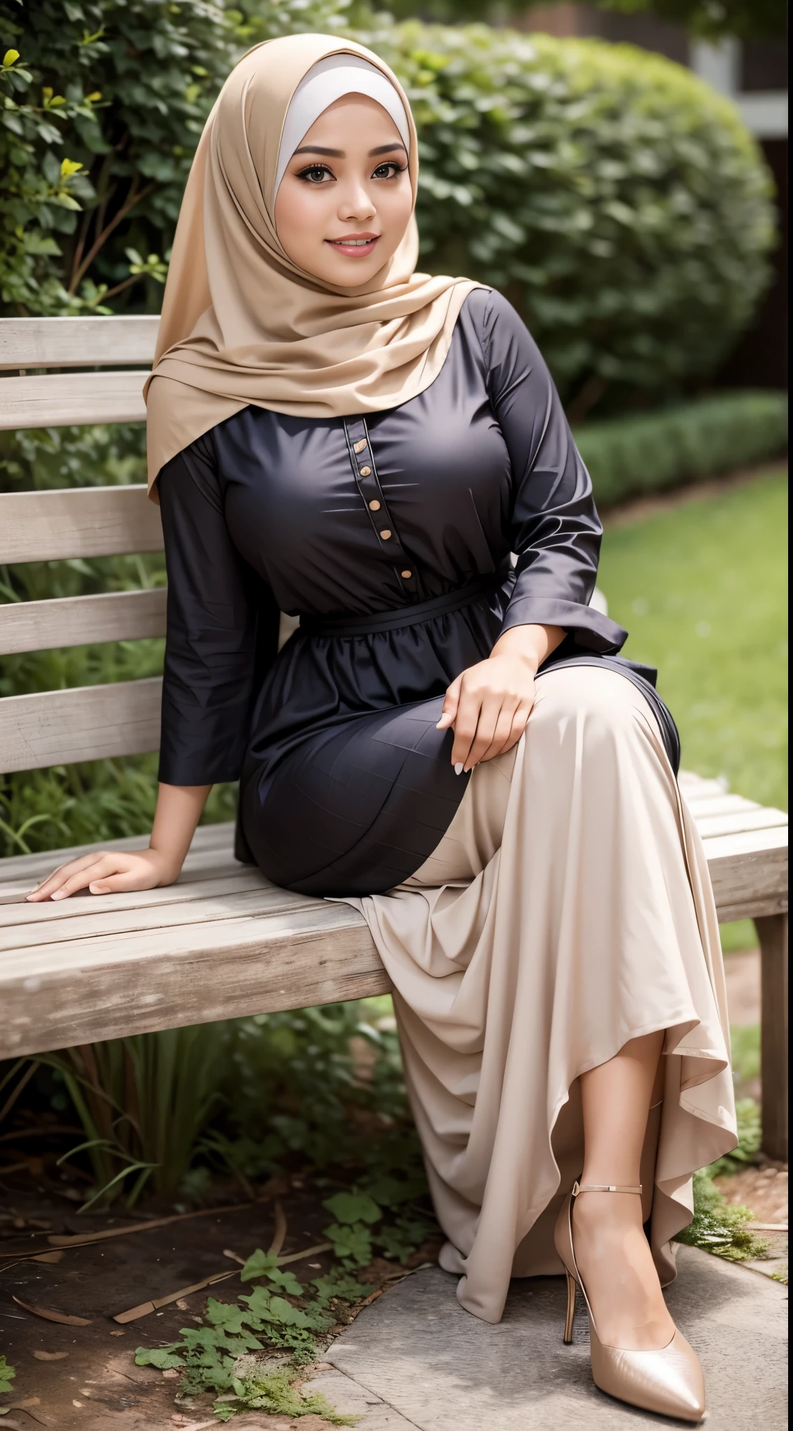 RAW, Best quality, high resolution, work: 1.3, beautiful Malay woman in hijab, beautiful big eyes, smiling, beautiful face, shiny lips, soft smile, medium portrait, watery eyes, big breasts, woman in skirt and beige blouse, long skirt dress, sitting, posing seductively and sexy in front of the camera with babywoman in hijab sitting on a bench with a baby, with ivy, katelynn mini cute style,, malay, hijab,b, with a kid, old picture,  a background behind garden flower (bokeh) ,  flowing dress, sophisticated dress, with teal clothes, multi-layered clothes, fully covered dress, brown dress, graceful dress, wearing an elegant dress, women's long dress, she  wearing a skirt and beige blouse, long skirt ,