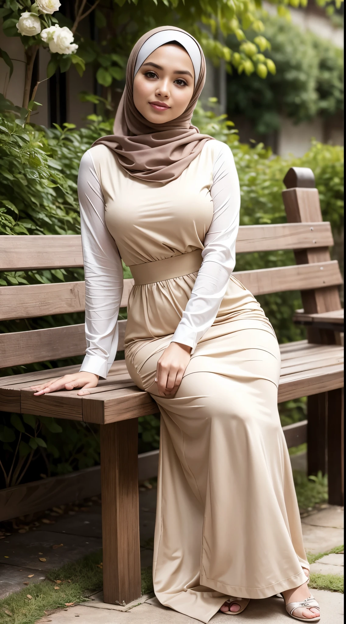 RAW, Best quality, high resolution, work: 1.3, beautiful Malay woman in hijab, beautiful big eyes, smiling, beautiful face, shiny lips, soft smile, medium portrait, watery eyes, big breasts, woman in skirt and beige blouse, long skirt dress, sitting, posing seductively and sexy in front of the camera with woman in hijab sitting on a bench with a babyth ivy, katelynn mini cute style,, malay, hijab,b, with a kid, oldcture, a background behind garden flower (bokeh) , flowing dress, sophisticated dress, with teal clothes, multi-layered clothes, fully covered dress, brown dress, graceful dress, wearing an elegant dress, women's long dress, she wearing a skirt and beige blouse, long skirt ,