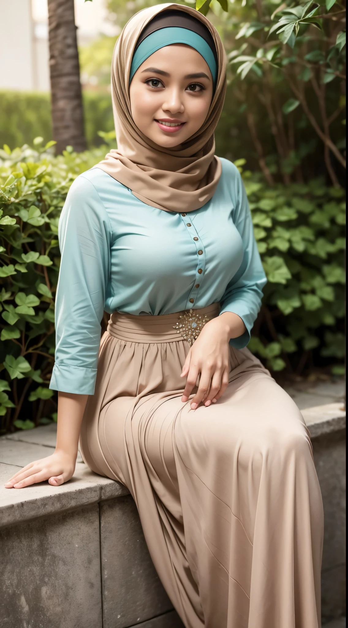 (close up),RAW, Best quality, high resolution, work: 1.3, beautiful Malay woman in hijab, beautiful big eyes, smiling, beautiful face, shiny lips, soft smile, medium portrait, watery eyes, big breasts, woman in skirt and beige blouse, long skirt dress, sitting, posing seductively and sexy in front of the camera with baby, with ivy, katelynn mini cute style,, malay, hijab, with a kid, old picture, a background behind garden flower (bokeh) , flowing dress, sophisticated dress, with teal clothes, multi-layered clothes, fully covered dress, brown dress, graceful dress, wearing an elegant dress, women's long dress, she wearing a skirt and beige blouse, long skirt ,