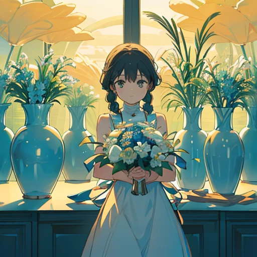 Vase cake braided girl serving an oversized floating vase、Amazing dynamism、Amazing Angle、Unstable buoyancy sandstorm、((((Many friendly vases are closely floating and chasing each other.))))、((surround each other'large vase of))、