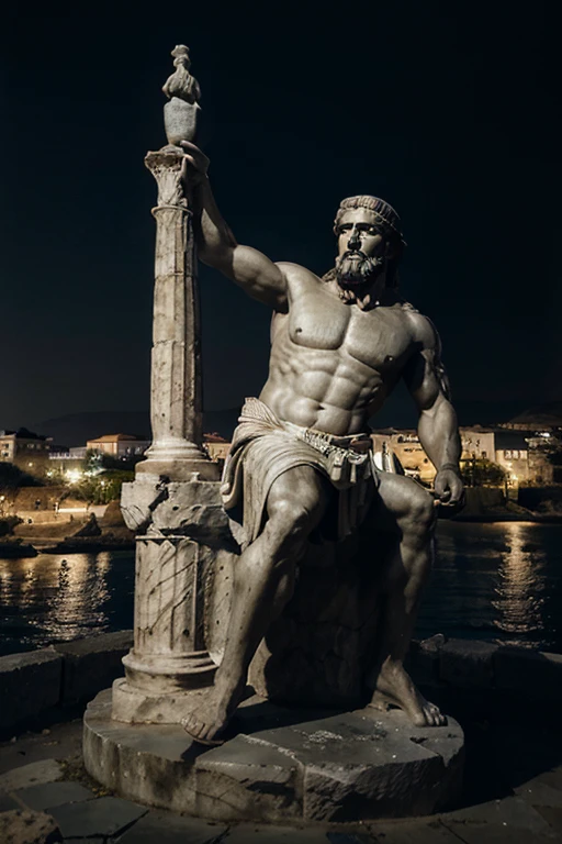 A dark night landscape image of an ancient greek society deeply connected to stoicism, black and white, ancient greek architecture, include one single big statue of a stereotypical strong greek man, marcus aurelius, sitting on near sea.
