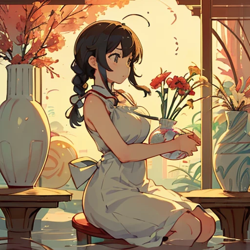 A girl with extra-large braids in a vase cake ramen dress serving an extra-large floating vase、Amazing dynamism、Amazing Angle、Unstable buoyancy sandstorm、((((Many friendly vases are closely floating and chasing each other.))))、((surround each other'large vase of))、