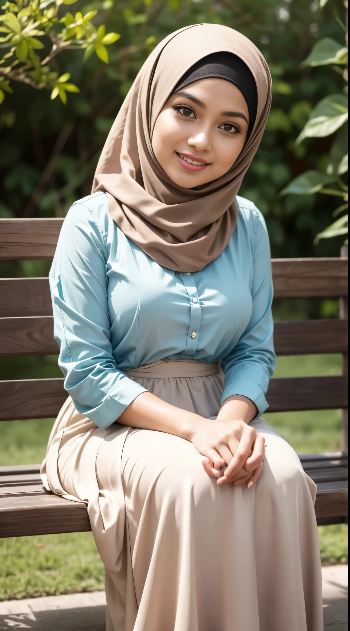 ( Close Up),RAW, Best quality, high resolution, work: 1.3, beautiful Malay woman in hijab, beautiful big eyes, smiling, beautiful face, shiny lips, soft smile, medium portrait, watery eyes, big breasts, woman in skirt and beige blouse, long skirt dress, sitting, posing seductively and sexy in front of the camera,woman in hijab sitting on a bench with a baby, with ivy, katelynn mini cute style,, malay, hijab,  a background behind garden flower (bokeh) ,  flowing dress, sophisticated dress, with teal clothes, multi-layered clothes, fully covered dress, brown dress, graceful dress, wearing an elegant dress, women's long dress, she  wearing a skirt and beige blouse, long skirt ,