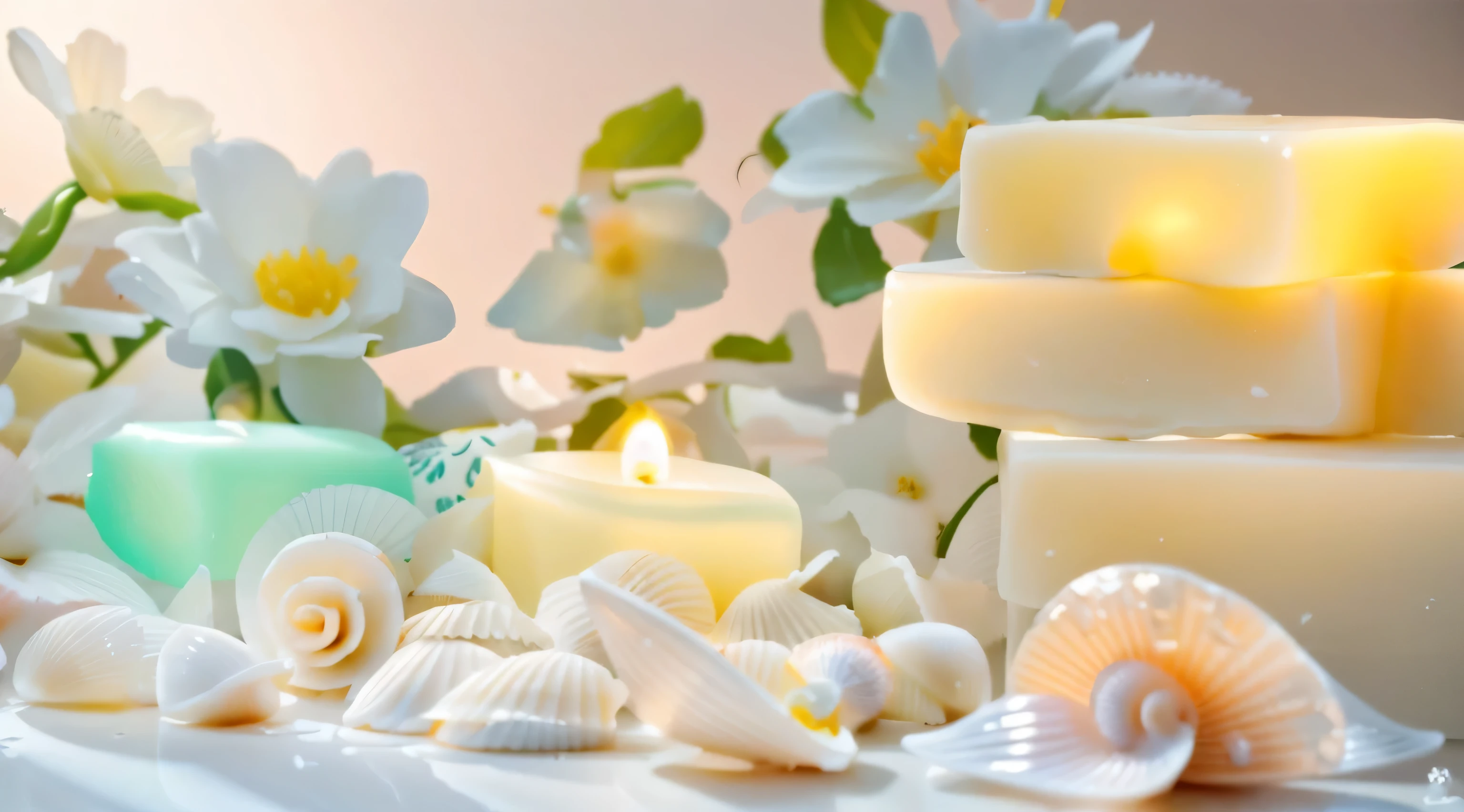 wax烛 and seashells are arranged on a table with flowers, soap, candle wax, , petals, Soft glow, serene scene, heavy vignet!, twinkle, The beautiful构图, wax烛, 自然wax烛照明, on a dark background, white wax烛, gentlesoftlighting, Beauty shooting, waxy wax烛, wax, vignet, The beautiful