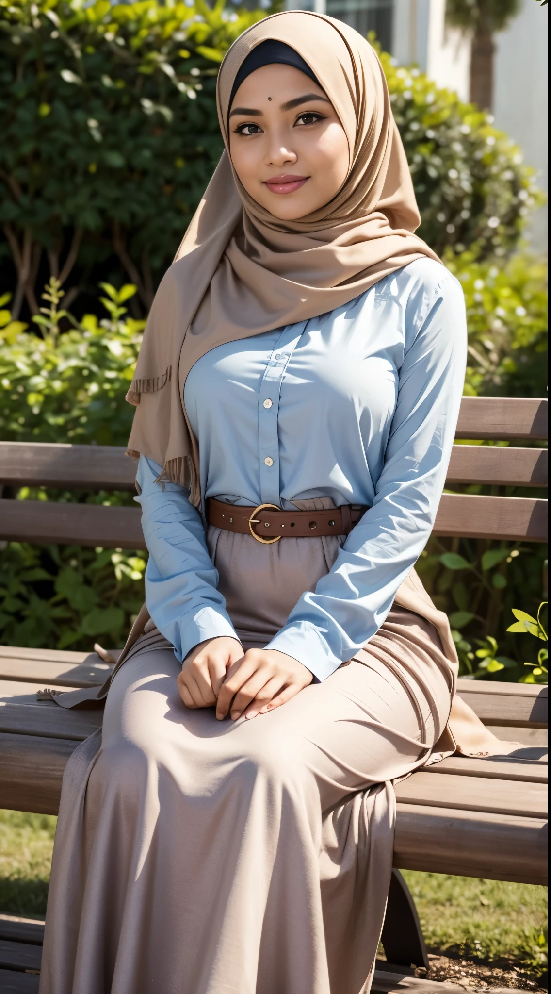( Close Up),RAW, Best quality, high resolution, work: 1.3, beautiful Malay woman in hijab, beautiful big eyes, smiling, beautiful face, shiny lips, soft smile, medium portrait, watery eyes, big breasts, woman in skirt and beige blouse, long skirt dress, sitting, posing seductively and sexy in front of the camera,woman in hijab sitting on a bench with a baby, with ivy, katelynn mini cute style,, malay, hijab, a background behind garden flower (bokeh) , flowing dress, sophisticated dress, with teal clothes, multi-layered clothes, fully covered dress, brown dress, graceful dress, wearing an elegant dress, women's long dress, she wearing a skirt and beige blouse, long skirt ,
