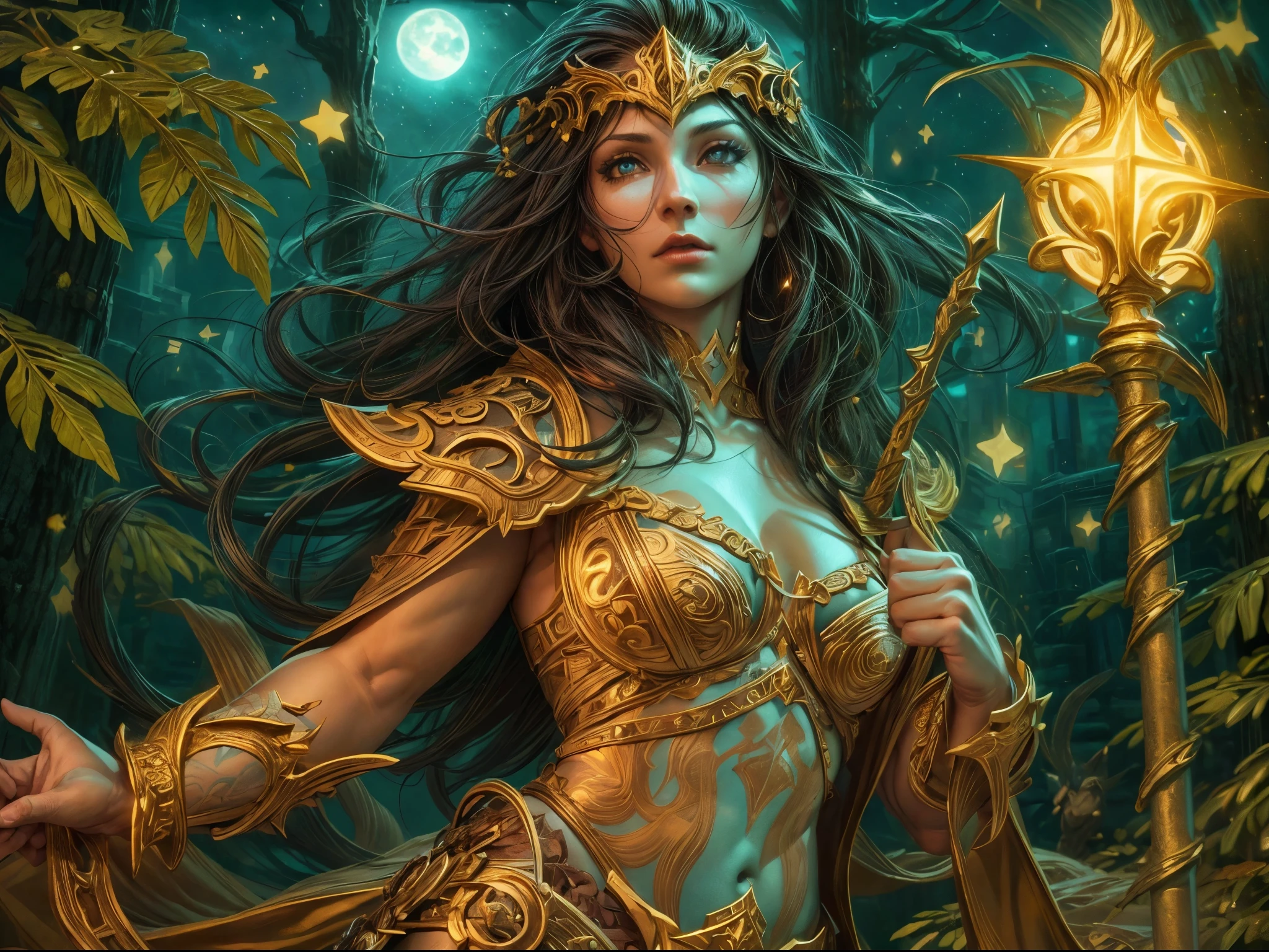 high details, best quality, 16k, [ultra detailed], masterpiece, best quality, (extremely detailed), dynamic angle, ultra wide shot, photorealistic, ((fantasy art)) ((larry elmore style)), dnd art, rpg art, realistic art, female human druid of the stars, guardian of nature, controlling magical energy made of stars, swirling blue stary magical light, divine symbols GlowingRunes_yellow (1.5 intricate details, Masterpiece, best quality), human female,  extremally beautiful, ultra feminine, dynamic hair, dynamic hair color, wearing leather armor CM-Beautiful_armor, holding a staff, moon light, stars, dynamic natural background,  RPG art, magical atmosphere magic-fantasy-forest, ultra best realistic, best details, best quality, 16k, [ultra detailed], masterpiece, best quality, (extremely detailed), ultra wide shot, photorealism, depth of field, hyper realistic painting, 3D rendering