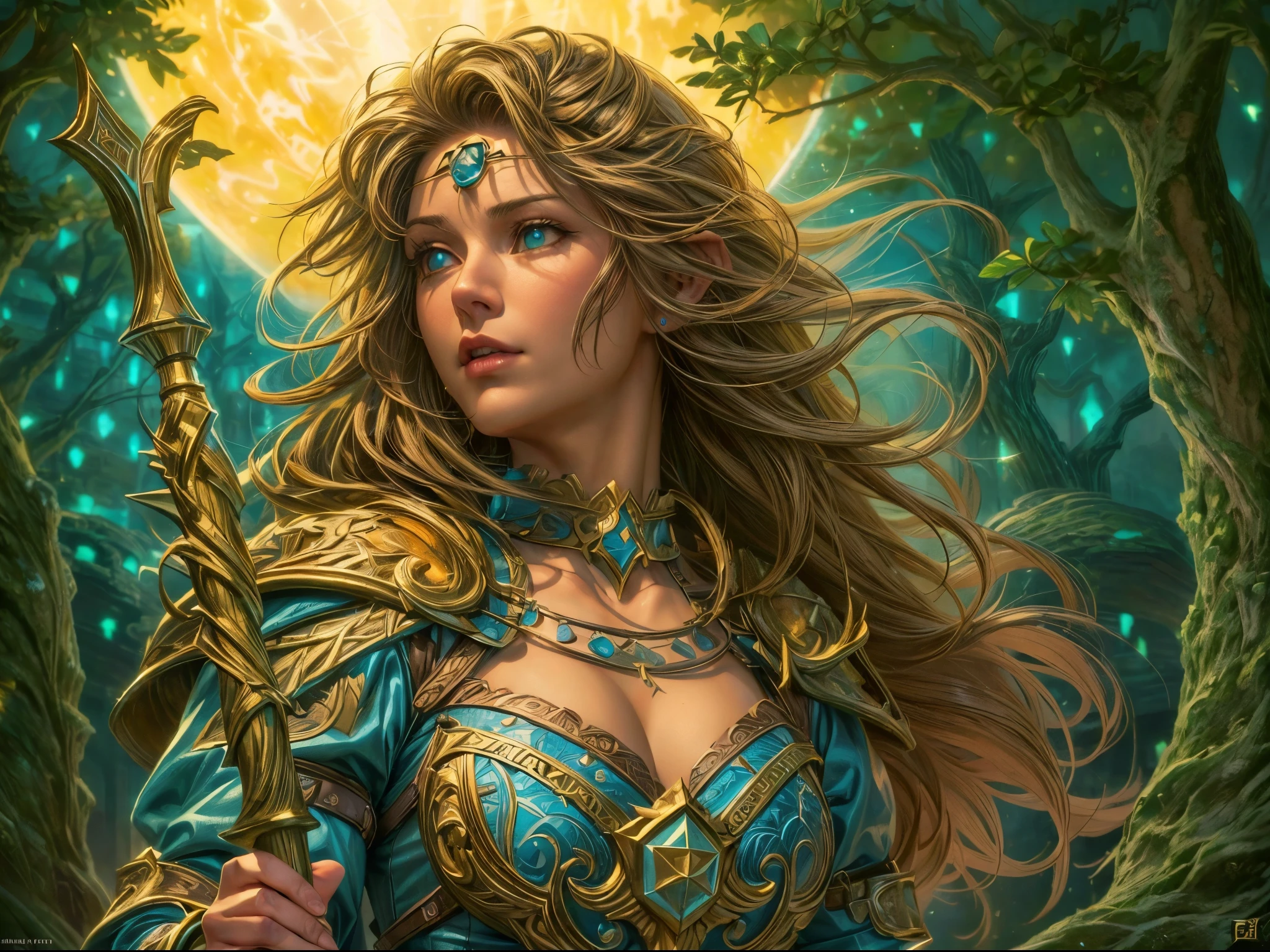 high details, best quality, 16k, [ultra detailed], masterpiece, best quality, (extremely detailed), dynamic angle, ultra wide shot, photorealistic, ((fantasy art)) ((larry elmore style)), dnd art, rpg art, realistic art, female human druid of the stars, guardian of nature, controlling magical energy made of stars, swirling blue stary magical light, divine symbols GlowingRunes_yellow (1.5 intricate details, Masterpiece, best quality), human female,  extremally beautiful, ultra feminine, dynamic hair, dynamic hair color, wearing leather armor CM-Beautiful_armor, holding a staff, moon light, stars, dynamic natural background,  RPG art, magical atmosphere magic-fantasy-forest, ultra best realistic, best details, best quality, 16k, [ultra detailed], masterpiece, best quality, (extremely detailed), ultra wide shot, photorealism, depth of field, hyper realistic painting, 3D rendering