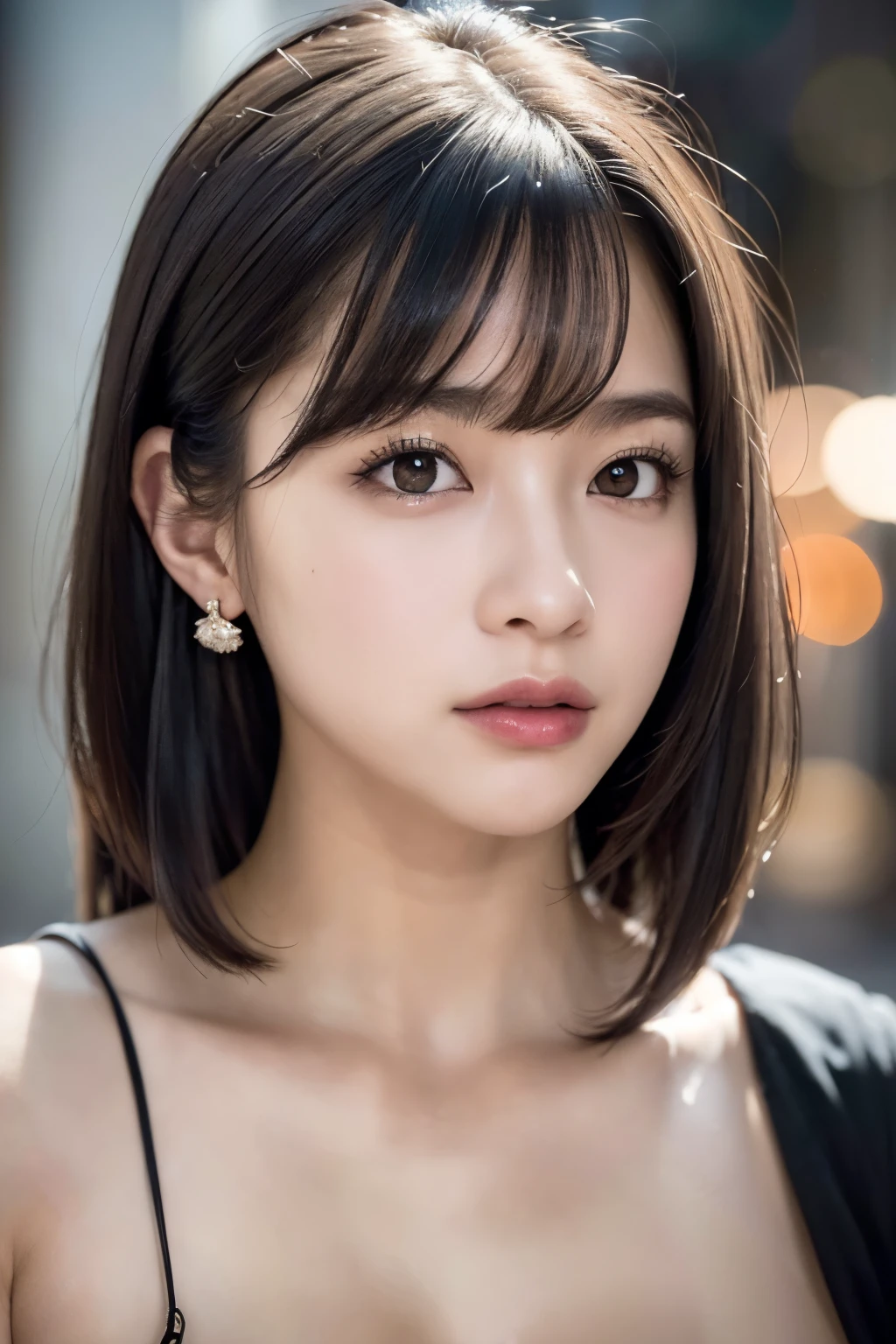 random pose, mix4, (8k, RAW photo, best quality, masterpiece: 1.45), (realistic, photorealistic: 1.37), one girl, cute, cityscape, night, rain, wet, professional lighting, photons mapping, radiosity, physically based rendering, gradient black hair, gray hair, short curly hair, handsome, girl, Deep V-neckline slip dress, top quality photo, high res, 1080p, (clear face), (detailed face description), (detailed hand description), (masterpiece), (exquisite CG), extreme light and shadow, disheveled hair, master work, rich details, (fine facial features), (highest quality photo), (masterpiece), (detailed eyes), look in front of you eyes, fine clavicle, ((big breasts, huge areola)),(((areola_slip))),((puffy areolae)),((sideboob)),(underboob),(((collar))),earrings,