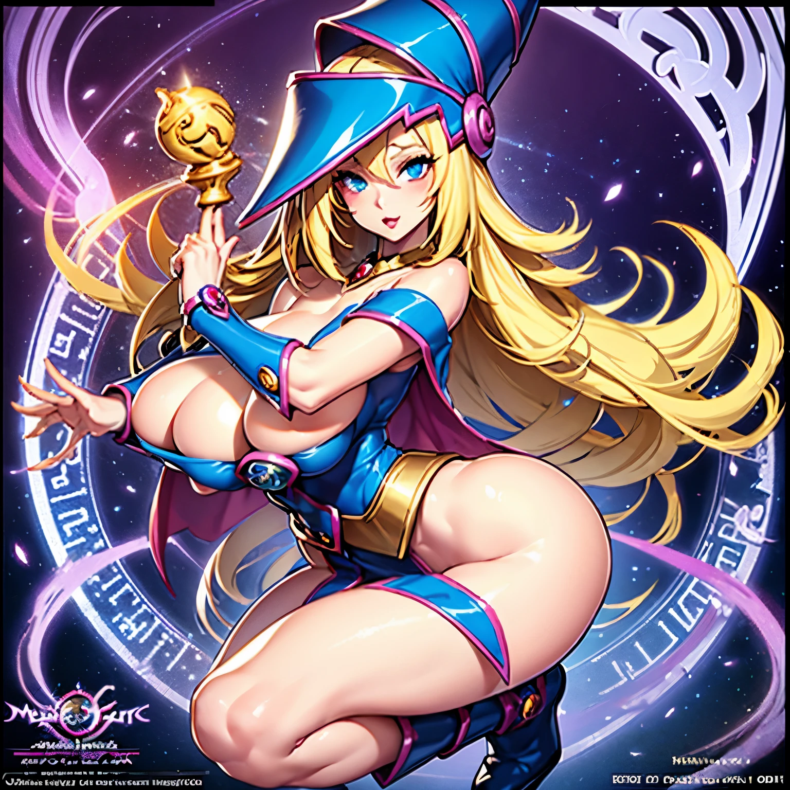 masterpiece, best quality), intricate details 1girl, dark magician girl, long hair, blonde hair, jewelry, makeup, huge breasts, ero full body, magical girl, magician hat, cute and inoccent face, render png
