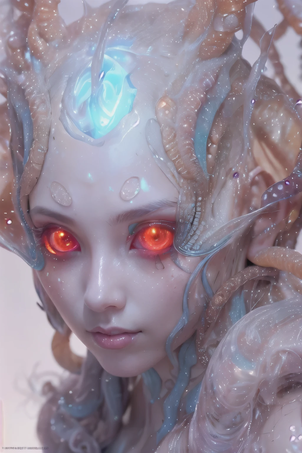 Portrait, (beautiful female alien:1.2),  (she has red eyes with no pupils:1.8), (Translucent skin:1.7),  (There is a female genital-like organ in the middle of the forehead:1.9), (The most beautiful face in the history of the universe:1.2),an evil gaze that seduces, (large mouth:1.1), (sharp teeth like a vampire:1.2), Full body like, (bio luminescent:1.5), (Smile wickedly:1.3),  (sexypose:1.5), alien, No humans, cells are fused, (Lots of translucent tentacles:1.3) extraterrestrial, cell, bio image, Best Quality, 8K,4K_quality, High Definition, Dramatic Lighting, masutepiece:1.5,cinematic quality, detail up, (Intricate details:1.2), High resolution, High Definition, drawing faithfully, (Thick eyebrows:1.2), Beautiful eyes with fine symmetry,(Highly detailed face and eyes:1.2), Intimate face, (Super detailed skin quality feeling:1.4), Perfect Anatomy,  (Beautiful toned body:1.5),  (Moist skin:1.2), No makeup, (dark circles:1.1), long canines, cinematic drawing of characters, ultra high quality model, cinematic quality, detail up, (Intricate details:1.2), High resolution, High Definition, drawing faithfully, Official art, Unity 8K wall  , 8K Portrait, Best Quality, Very High resolution, ultra detailed artistic photography, midnight aura,  unreal enginee 5, Ultra Sharp Focus, art by alberto seveso, ArtGerm, Roisch, intricate artwork, best quality, masutepiece, ultra High resolution, (photos realistic:1.4), Ultra-realistic realism, dream-like,  nautilus, Creation of fantasy, Snail, Dream Snail,  biopunk nautilus, Thrilling color schemes， Ultra-realistic realism， seductively smiling, Blue tentacles,