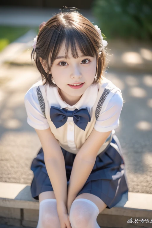 Japanese,Beautiful girl at 6 :1.85,Baby Facera-flat chest:1.85、Ultra short height、An innocent smile,Cute Dresses,Primary school stustudentsの私服,Summer clothes、claviclk Hair、Nipples are visible、Inside the kindergarten、Childish、short hair