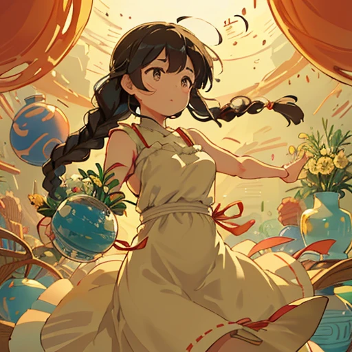 A girl with extra-large braids in a vase cake ramen dress serving an extra-large floating vase、Amazing dynamism、Amazing Angle、Unstable buoyancy sandstorm、((((Many friendly vases are closely floating and chasing each other.))))、((surround each other&#39;large vase of))、high-level image quality、detaileds