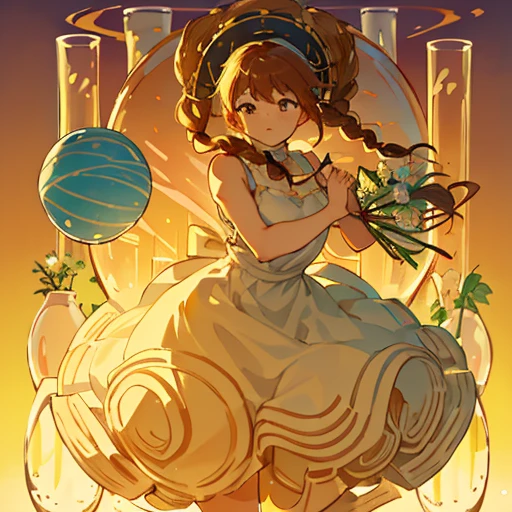 A girl with extra-large braids in a vase cake ramen dress serving an extra-large floating vase、Amazing dynamism、Amazing Angle、Unstable buoyancy sandstorm、((((Many friendly vases are closely floating and chasing each other.))))、((surround each other'large vase of))、high-level image quality、detaileds