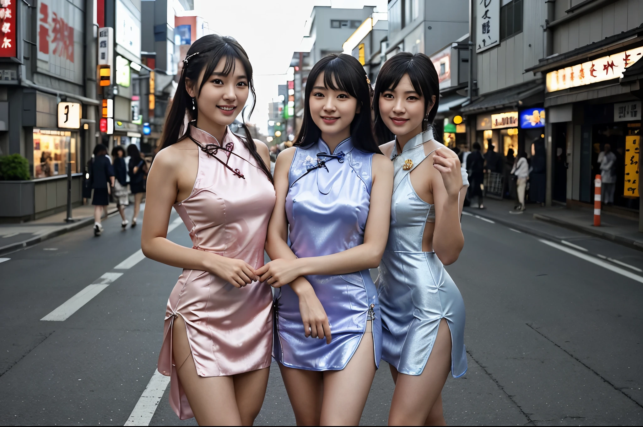 ​masterpiece、最hightquality、hightquality、Top image quality、8K、最hight resolution、hight resolution、Best Quality、Raw photo、in group photograph、realisiticな雰囲気、(Detailed face)、(Detailed hand、Thumbs１References４)、(Japanese beauty )、Very nice face、Beautiful face、((multipel Girls))、((２People Girls))、((embracing each other２People Girls達))、((Beautiful japanese girl))、(A Japanese Lady), ((18 year old beautiful girl))、(Lustrous black hair)、(Long straight hair)、fullllbody、(small breasts with rounded upturn)、Athlete Body、(shinny skin)、(Fair skin)、realisiticな人の肌、realisiticな人体構造、Perfect body， face perfect， perfect hand， Perfect Finger， Perfect lips， perfect  eyes，perfect teeth、Perfect background， perfect vibe， Professional quality， Perfect Photo， hightqualityのオクタン価レンダリング， hightqualityのベクター， ultra - detailed，Clear skin，looking in camera、(realisitic、Photorealsitic:1.37)、natural soft light、photon maping、２Heavy eyelids、 The shape of the nipples is clearly visible、The shape of the pubic area is clearly visible、in tokyo akihabara、in a street、In the crowd、((transparent metallic(long slit long cheongsam dress, heel))