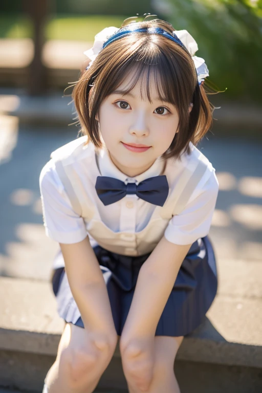 (((masterpiece))), (((Full body photo,sit with your knees up))), ,((pantyshot,I can see the white panties)),((Focus on the crotch)),(One beautiful Japan girl, Innocence,kawaii) ,超A high resolution, Realistic, ultra-detailliert, 8K,top-quality, Extremely detailed, blurry backround,A slender,very beautiful japanese girl, Detailed face:1.3), (Short hair like a boy,A dark-haired :1.4), (a baby face,kawaii系,adorable 18 year old girl), (Perfect body:1.1), (Dark blue vest,pink bowtie,Dark blue mini skirt、Dark blue high socks、lowfers), On the sidewalk,Cute and cuddly smile,Show your beautiful teeth,sexy pose,rosy cheeks,Super Detailed Face、Detailed lips、A detailed eye、small gravure idol,Transparent skin、Lolita,Photorealistic:1.37,no-makeup,Neutral Lighting、Angle from below