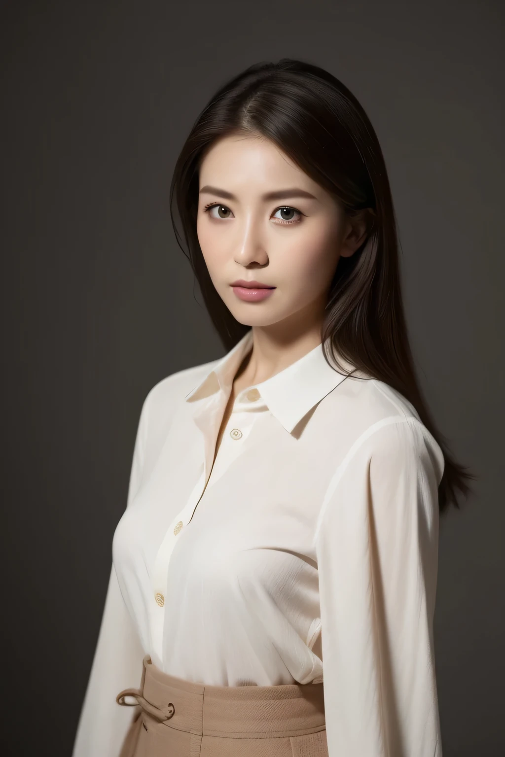 The ultra -The high-definition, masterpiece, Textured skin, ighly detailed, Photorealsitic, profetional lighting, depth of fields, sharp,
greybackground, (japanese mature, 25-years old), Female sexy, Detailed face, beautidful eyes, bangss, small breasts of good shape, long light brown straight hair, Faint lips, ((standing at front、Staring at the viewer, serious face eyes.)), Buttoned shirt, skirt by the, fully body photo, cowboy shot