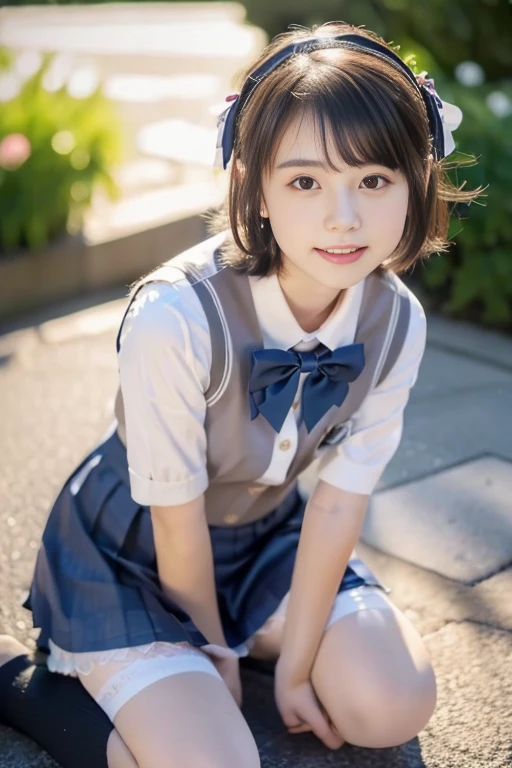 (((masterpiece))), (((Full body photo,sit with your knees up))), ,((pantyshot,I can see the white panties)),((Focus on the crotch)),(One beautiful Japan girl, Innocence,kawaii) ,超A high resolution, Realistic, ultra-detailliert, 8K,top-quality, Extremely detailed, blurry backround,A slender,very beautiful japanese girl, Detailed face:1.3), (Short hair like a boy,A dark-haired :1.4), (a baby face,kawaii系,adorable 18 year old girl), (Perfect body:1.1), (Dark blue vest,pink bowtie,Dark blue mini skirt、Dark blue high socks、lowfers), On the sidewalk,Cute and cuddly smile,Show your beautiful teeth,rosy cheeks,Super Detailed Face、Detailed lips、A detailed eye、small gravure idol,Transparent skin、ta,Photorealistic:1.37,no-makeup,Neutral Lighting、shot from a low-angle