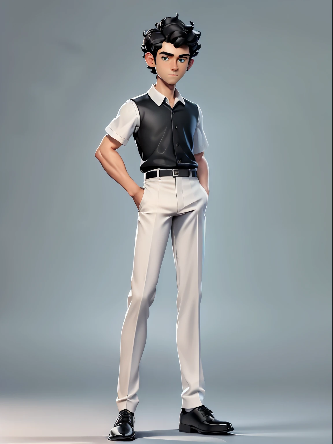 (Masterpiece: 1.5), (Best Quality: 1.5), High Resolution, Highly Detailed, 3DMM, 1boy, White Shirt, Black Pants, Black Shoes with White Sole, White Background with Shadow, Short curly hair, Black Hair, Dark skinned, Standing, Short Sleeves, Green Eyes, CGI Background, Correct Posture, Second Cell Phone, 3D, Well Detailed Face, Highres, 8K