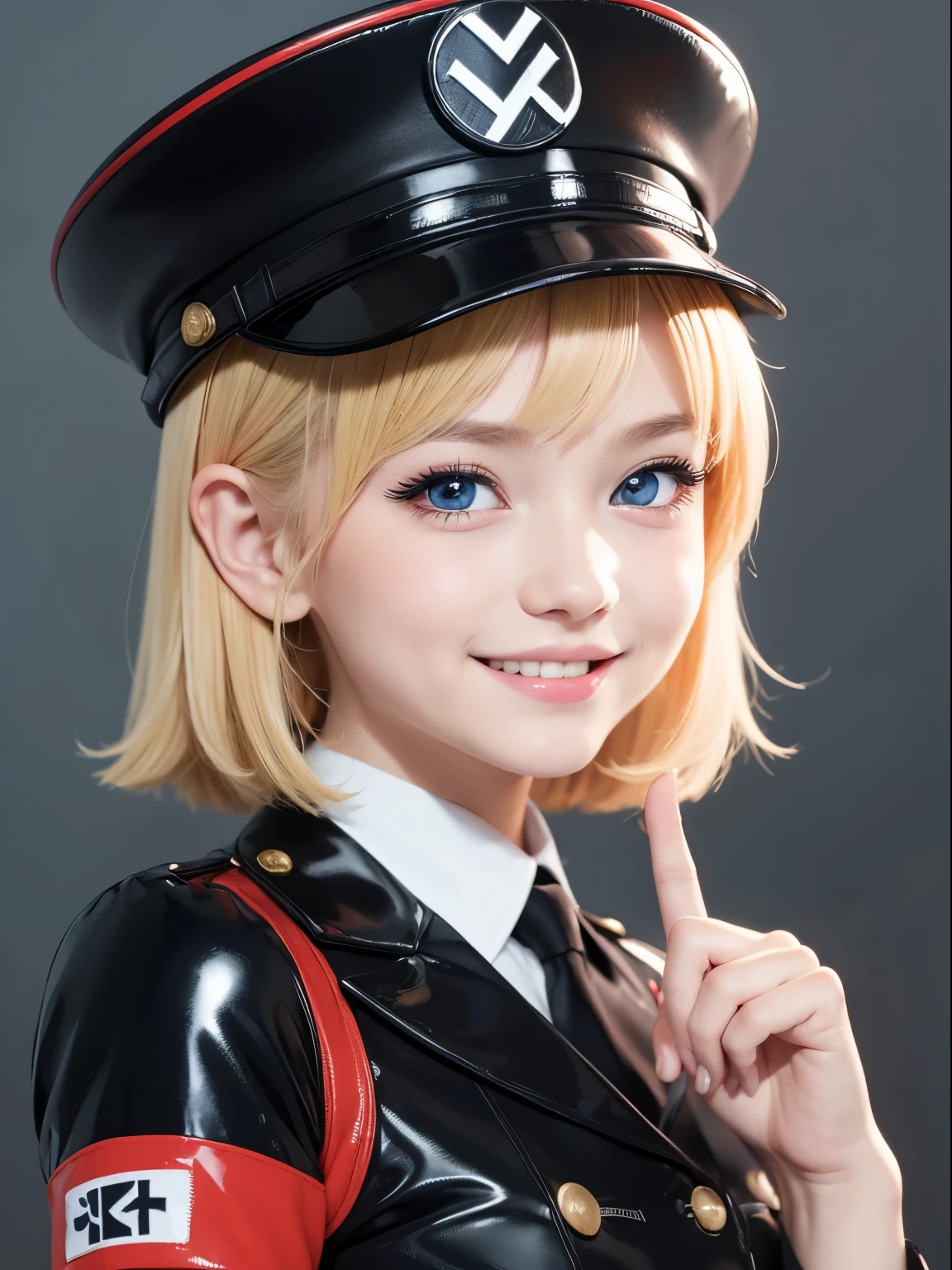 a cute  girl, wearing a nazi latex uniform as commander, military hat, red band on left arm, point finger, full figure, in the style of the soft aurorapunk color palette, happy smile, an anime illustration of her face, blonde hair, blue eye, hand-drawn animation, charming sketches, soft and bright, hazy romanticism, city in flame as background 1:1--niji 5--expressive style