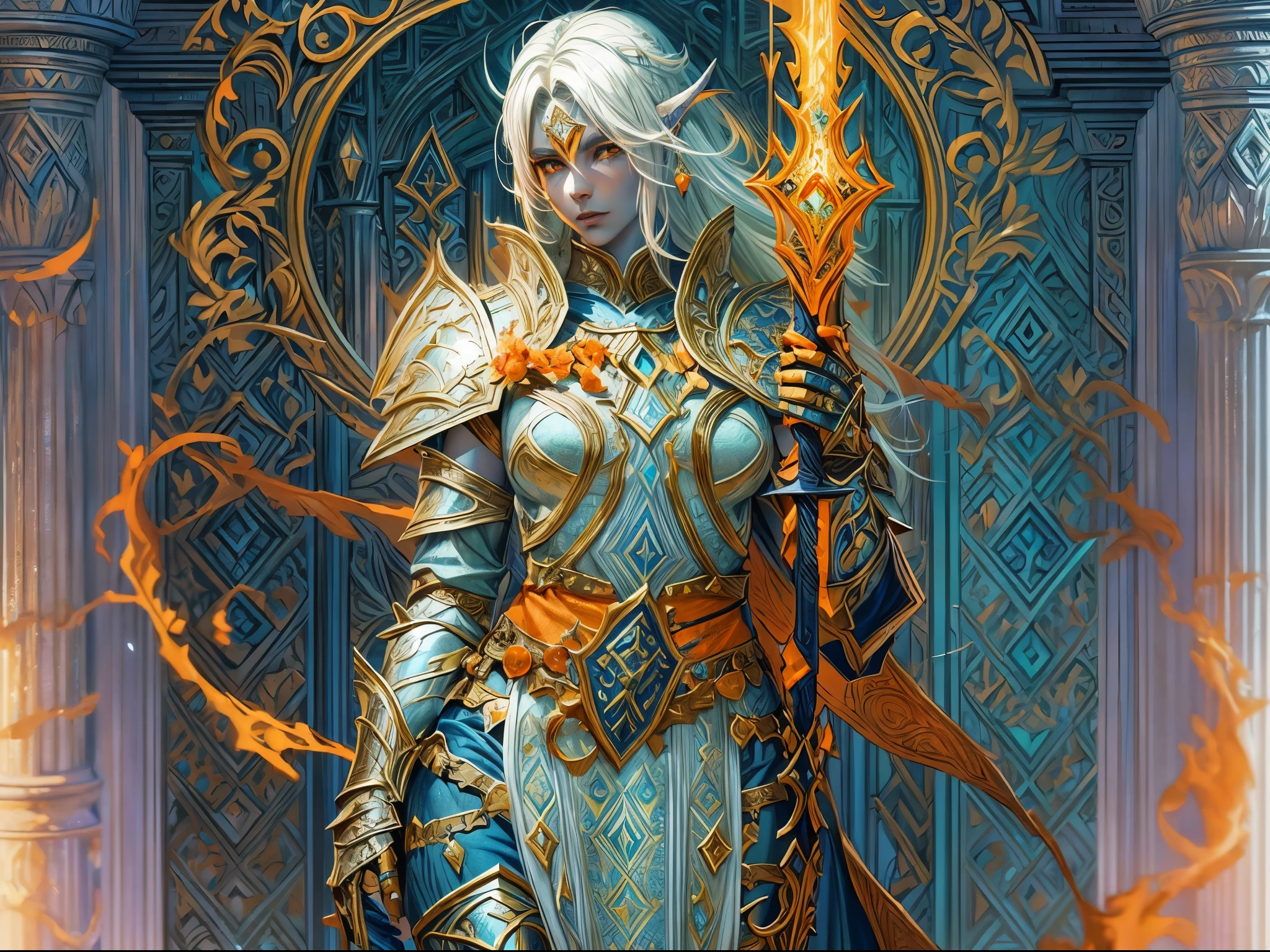 fantasy art, dnd art, RPG art, wide shot, (masterpiece: 1.4) portrait, intense details, highly detailed, photorealistic, best quality, highres, portrait a vedalken female (fantasy art, Masterpiece, best quality: 1.3) ((blue skin: 1.5)), intense details facial details, exquisite beauty, (fantasy art, Masterpiece, best quality) cleric, (blue colored skin: 1.5) 1person blue_skin, blue skinned female, (white hair: 1.3), long hair, intense green eye, fantasy art, Masterpiece, best quality) armed a fiery sword red fire, wearing heavy (white: 1.3) half plate mail armor CM-Beautiful_armor wearing high heeled laced boots, wearing an(orange :1.3) cloak, wearing glowing holy symbol GlowingRunes_yellow, within fantasy temple background, reflection light, high details, best quality, 16k, [ultra detailed], masterpiece, best quality, (extremely detailed), close up, ultra wide shot, photorealistic, RAW, fantasy art, dnd art, fantasy art, realistic art,