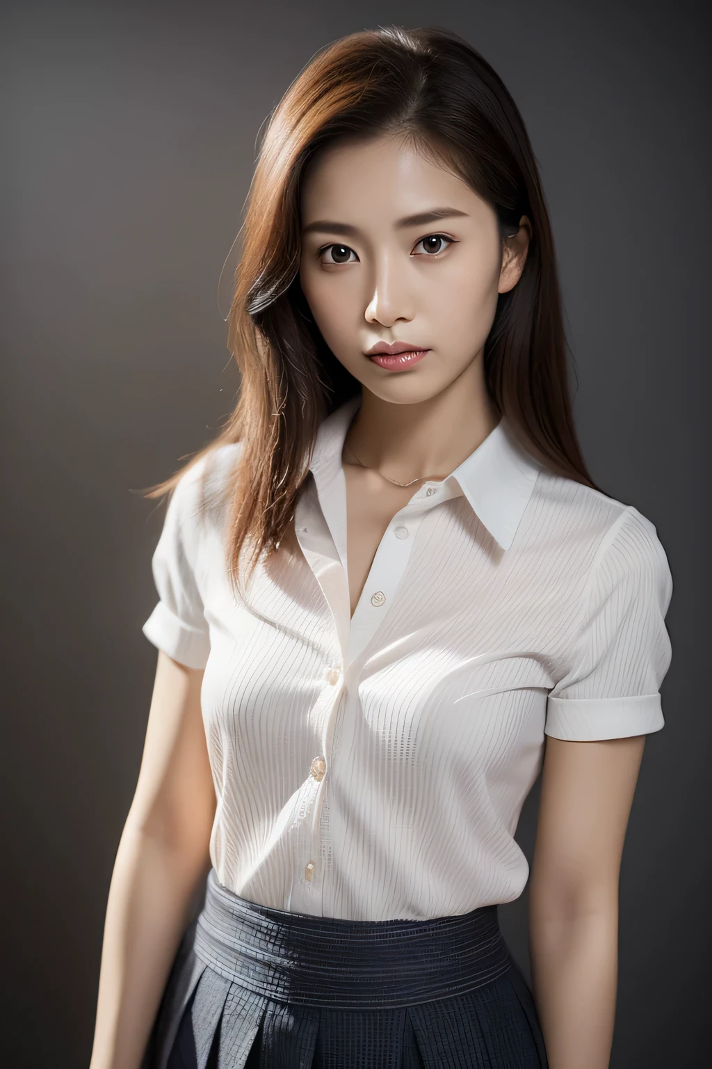 The ultra -The high-definition, masterpiece, Textured skin, ighly detailed, Photorealsitic, profetional lighting, depth of fields, sharp, greybackground, (japanese mature, sixteen years old), Female sexy, Detailed face, beautidful eyes, bangss, small breasts of good shape, long light brown straight hair, Faint lips, ((standing at front、Staring at the viewer, serious face eyes.)), Buttoned shirt, skirt by the, fully body photo, cowboy shot