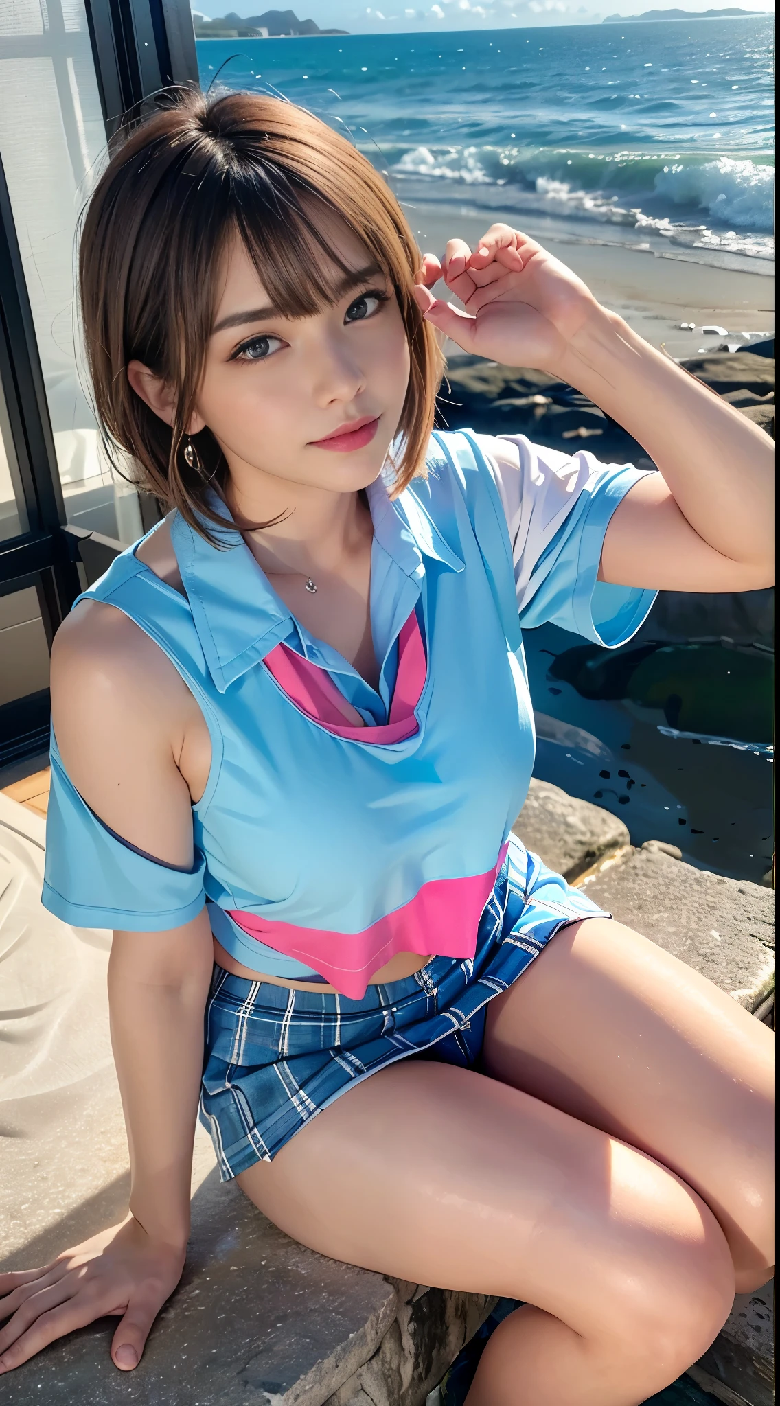 masutepiece, Best Quality, Photorealsitic, finely detail, hight resolution, 8K Wallpapers, Perfect dynamic composition, foco nítido, A hyper-realistic, Beautiful detailed eyes, Medium Hair, large full breasts, Random and sexy poses, Bring your chest together, (colorful o-neck knit tank top, white panty,wide open cleavage:1.4, High cut pantier east bulge:1.2,(Emphasizes cleavage, Tank top with a clear view of the chest:1.3)), A smile, open open mouth, Resort scenery, 25-years old, (drooing eyes:1.4), Beauty, japanes, Chain Necklace, large earring, Shooting from front