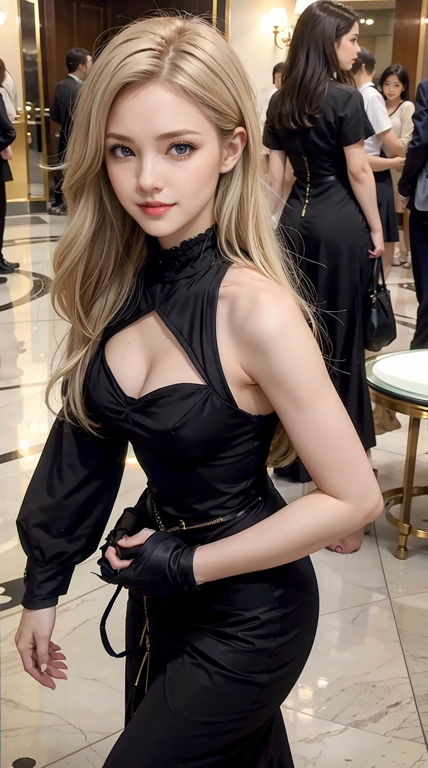 A 22-year-old white woman with incredible looks.、dark blonde hair color、Hair length is medium long hair、Eye color is blue、The body is slender but has a well-defined hourglass shape.、Be muscular、Breasts are big、a smile、Wearing high heels、wearing a black hourglass dress、There is a lobby in the hotel