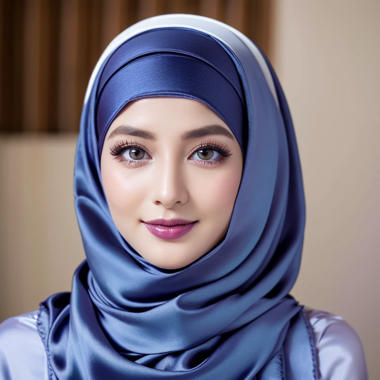 Masterpiece, realistic, best quality, best lighting, 1 pretty girl with angelic face, full body photo shot, beautifully makeup, eyeshadow, Parted Lips, Detailed Eyes, beautiful big eyes, long eye lashes, smile, wearing ((Dark blue satin headscarf)), loosely tide hijab style, FULL NAKED, very big breast, standing beside a bed