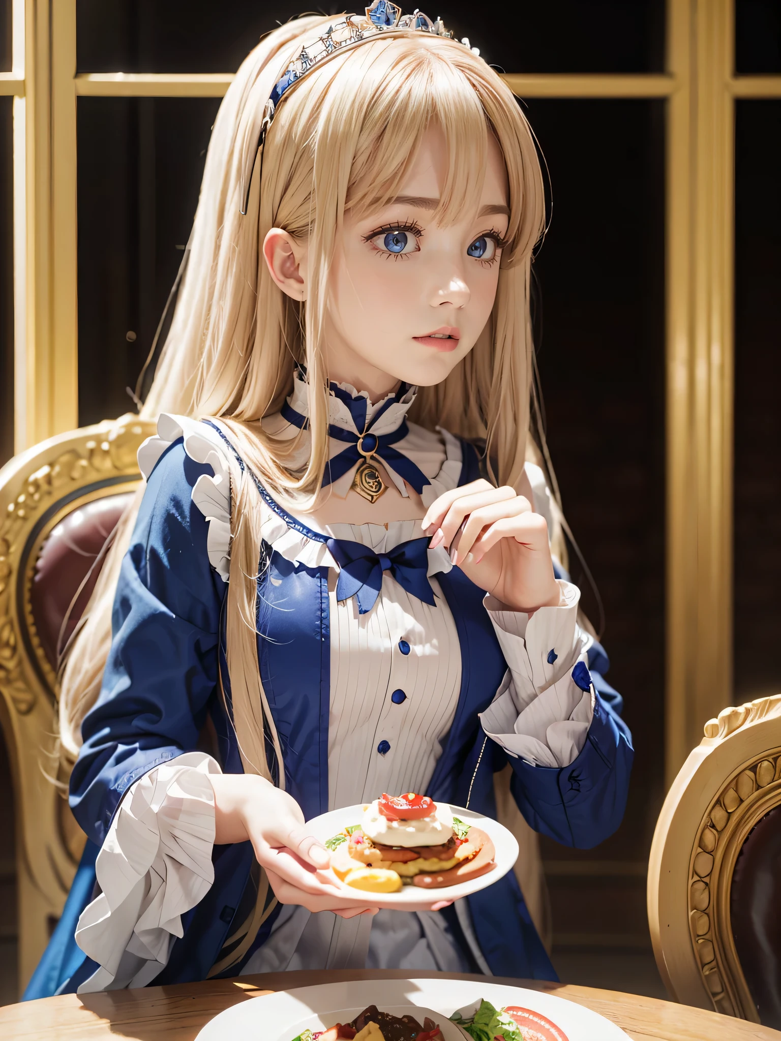 Raw Photography, High Resolution, Realistic, Masterpiece, 18 year old, Mia Luna Tearmoon, Single, Victorian Era, at the dining room eating food, Detailed cute and beautiful face, White shiny skin, bangs, Blonde Super Long Straight Silky Hair, Blue Eyes, Crown, Perfect and Nice Hands,  Beautiful Long Eyelashes, medium breasts