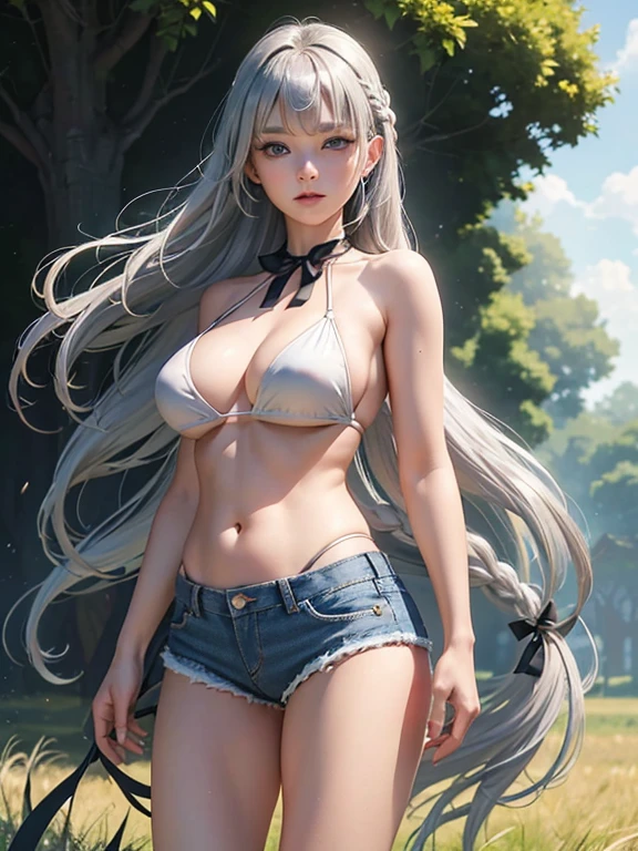 (( (tmasterpiece),(Very detailed CG Unity 8K wallpaper, best qualtiy,cinmatic lighting,Photorealsitic, 细致背景,Beautiful and detailed eyes,(Very fine and beautiful),(Beautiful and detailed eyes description),ultra - detailed,tmasterpiece,hight resolution)), (Perfect Anatomy:1.2), Curvaceous, (Constricted waist, Big toned buttocks), ((shoulder-length silver hair:1.5)), (black ribbon on braid:1.3, Light blue eyes:1.4), (Denim shorts:1.5), (a white bikini:1.5), (grass field:1.5), (1womanl:1.3)