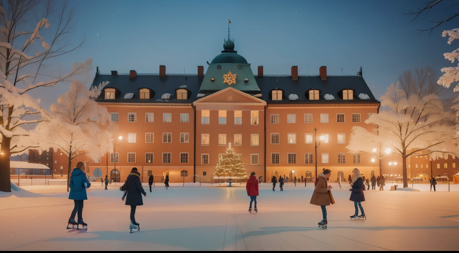 Ice Skating Extravaganza in Stockholm's Kungsträdgården: Create an image of a group of friends, teens and young adults, ice skating amidst the fairy lights and sculptures in Kungsträdgården, Stockholm. One girl with braided blonde hair wears a vintage-inspired winter coat. The snowy scene, with a mix of modern and classic architecture, should be awash in Wes Anderson's charming palette, capturing the joy of a February day in the Swedish capital.