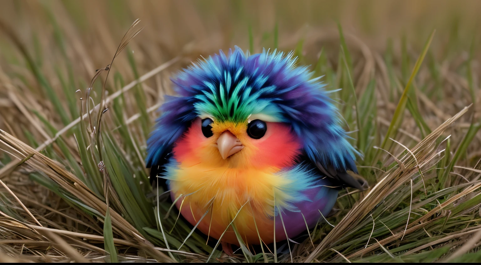 A cute, colorful, beautiful, various colored, puffy bird , looking like a colorful hairy ball, hiding in the long grass.