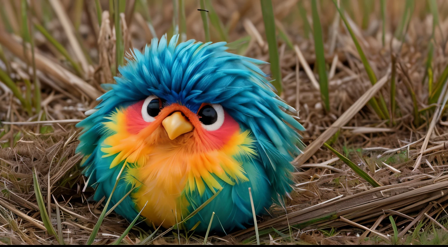A cute, colorful, beautiful, various colored, puffy bird , looking like a colorful hairy ball, hiding in the long grass.