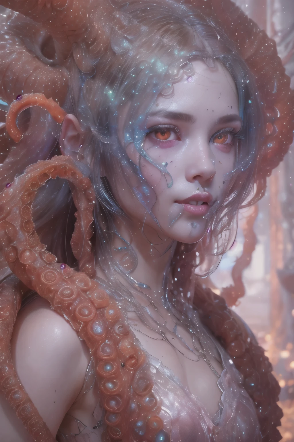 Portrait, (beautiful female alien:1.2),  (she has red eyes with no pupils:1.8), (Translucent skin:1.7),  (There is a female genital-like organ in the middle of the forehead:1.9), (The most beautiful face in the history of the universe:1.2),an evil gaze that seduces, (large mouth:1.1), (sharp teeth like a vampire:1.2), Full body like, (bio luminescent:1.5), (Smile wickedly:1.3),  (sexypose:1.5), alien, No humans, cells are fused, (Lots of translucent tentacles:1.3) extraterrestrial, cell, bio image, Best Quality, 8K,4K_quality, High Definition, Dramatic Lighting, masutepiece:1.5,cinematic quality, detail up, (Intricate details:1.2), High resolution, High Definition, drawing faithfully, (Thick eyebrows:1.2), Beautiful eyes with fine symmetry,(Highly detailed face and eyes:1.2), Intimate face, (Super detailed skin quality feeling:1.4), Perfect Anatomy,  (Beautiful toned body:1.5),  (Moist skin:1.2), No makeup, (dark circles:1.1), long canines, cinematic drawing of characters, ultra high quality model, cinematic quality, detail up, (Intricate details:1.2), High resolution, High Definition, drawing faithfully, Official art, Unity 8K wall  , 8K Portrait, Best Quality, Very High resolution, ultra detailed artistic photography, midnight aura,  unreal enginee 5, Ultra Sharp Focus, art by alberto seveso, ArtGerm, Roisch, intricate artwork, best quality, masutepiece, ultra High resolution, (photos realistic:1.4), Ultra-realistic realism, dream-like,  nautilus, Creation of fantasy, Snail, Dream Snail,  biopunk nautilus, Thrilling color schemes， Ultra-realistic realism， seductively smiling, Blue tentacles,