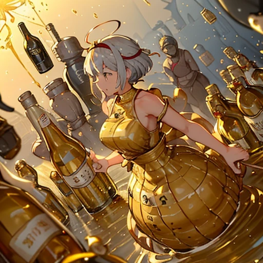 A girl covered in flower cake ramen serving a floating bottle、Amazing dynamism、Amazing Angle、Unstable buoyancy sandstorm、((((Many friendly gold bottles closely fused and chased each other.))))、((surround each other&#39;silver bottle))、