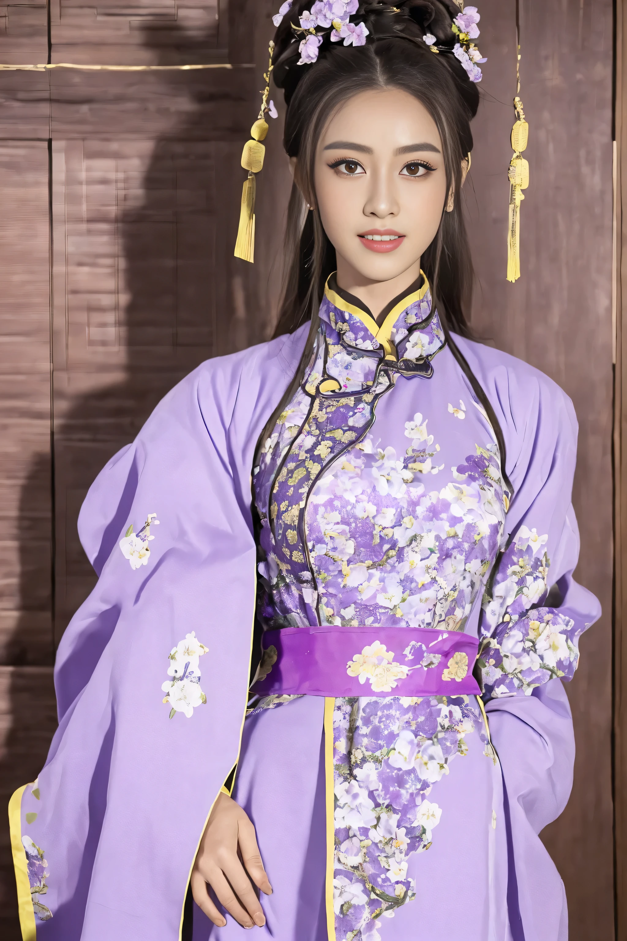 (Best quality at best,A high resolution),(actual),(sporty attire),(beautidful eyes,beautiful detailed lips,Extremely detailed face),(((Lilac ancient Chinese costume)))，(External，Lush greenery，flowers blooming)，,(Stylish and fashionable clothes),(elongated),(stand posture),(Full body photo),(facing at the camera),(Smiling),(gentle expressions),(Perfect hair details),(Perfect lighting details),(Perfect skin details),